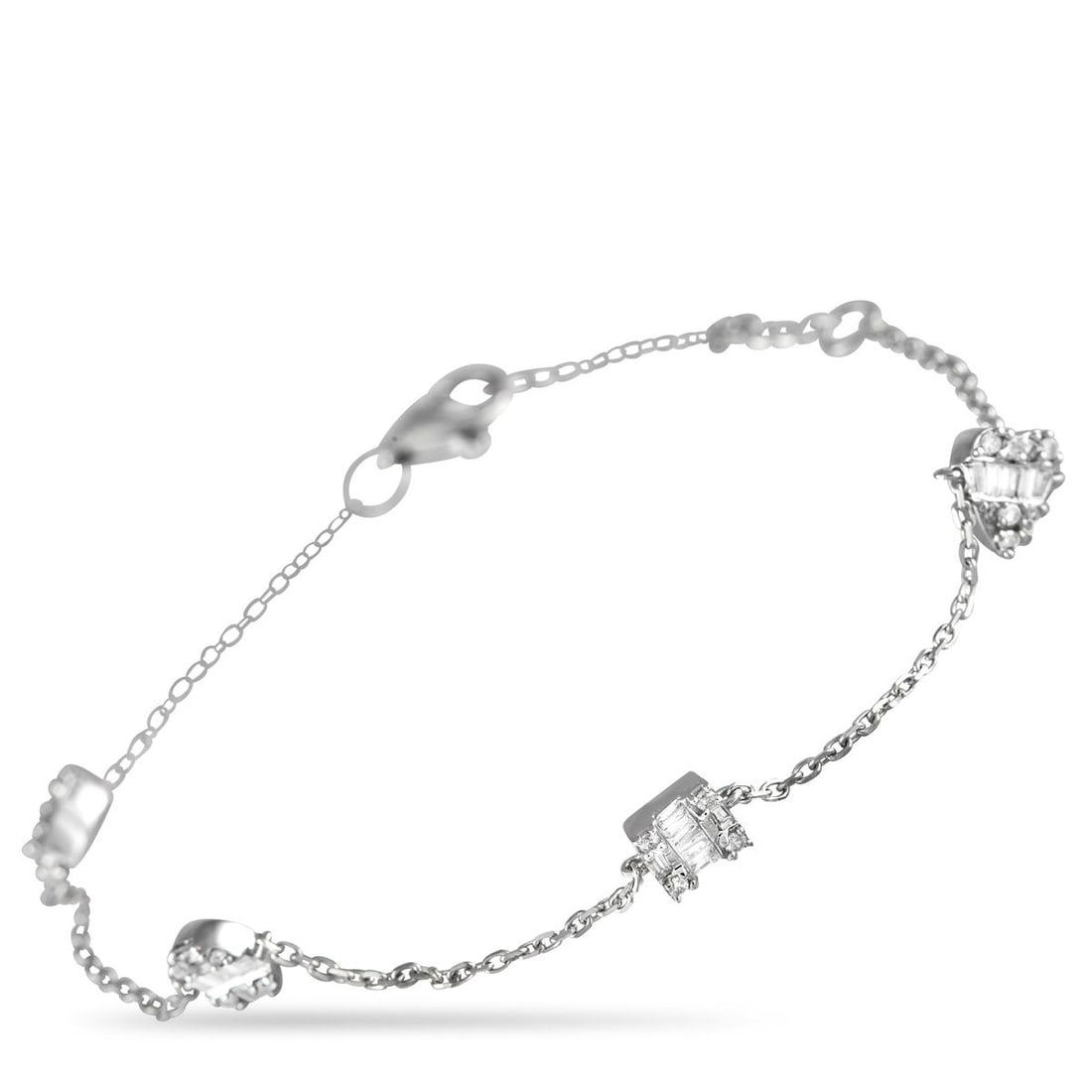 14K WHITE GOLD 0.25 CT DIAMOND STATION BRACELET: Worn solo or stacked, this diamond station bracelet is bound to become a staple in your jewelry rotation. It features a faceted link chain with evenly spaced diamond clusters along its length. This
