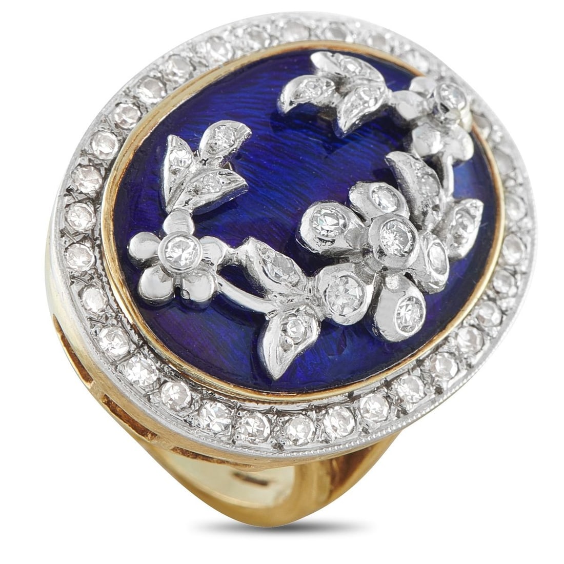 14K YELLOW GOLD 0.45CT DIAMOND AND ENAMEL RING: This classically elegant ring is a veritable work of art. Blue enamel beautifully showcases the exquisite floral motif at the top. Diamonds with a total weight of 0.45 carats further elevate the