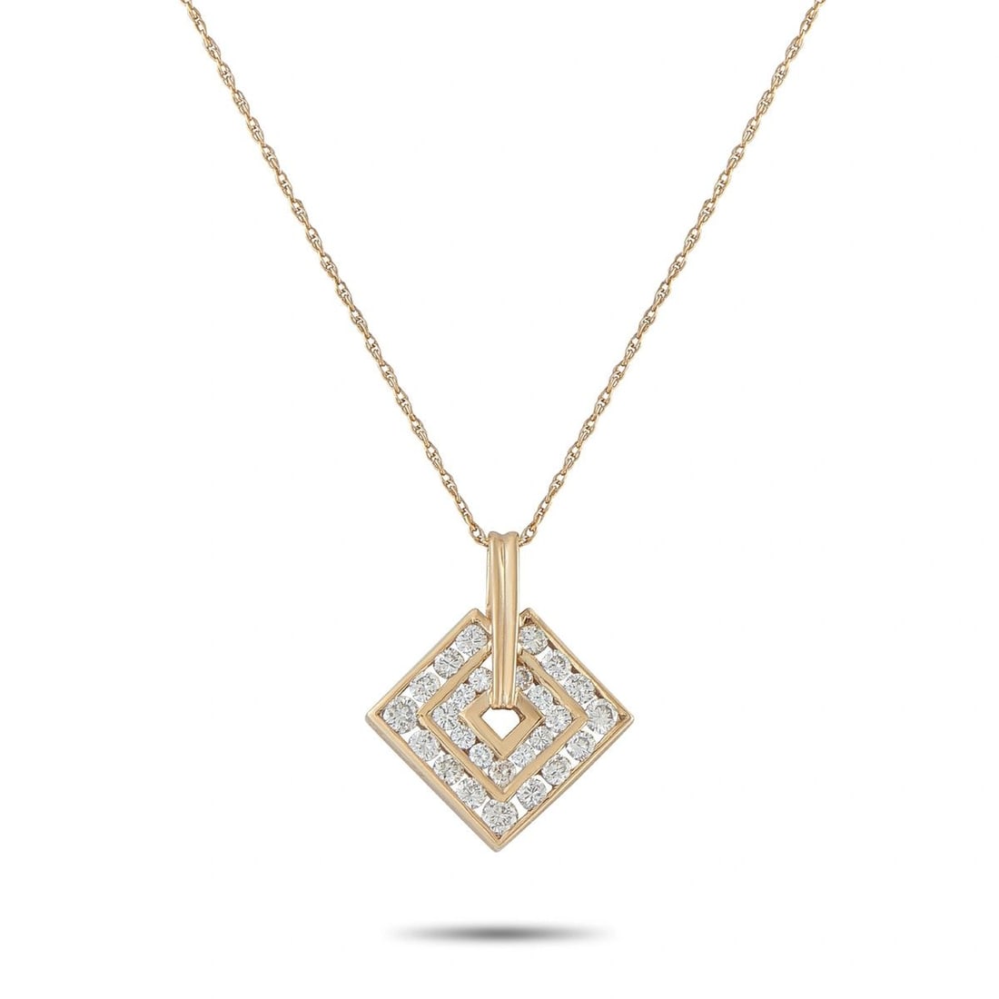 14K YELLOW GOLD 0.50CT DIAMOND PENDANT NECKLACE: This 14K yellow gold necklace features a geometric square pendant pave-set with round brilliant-cut diamonds totaling approximately 0.50 carats, suspended from a fine rope-link chain with a spring