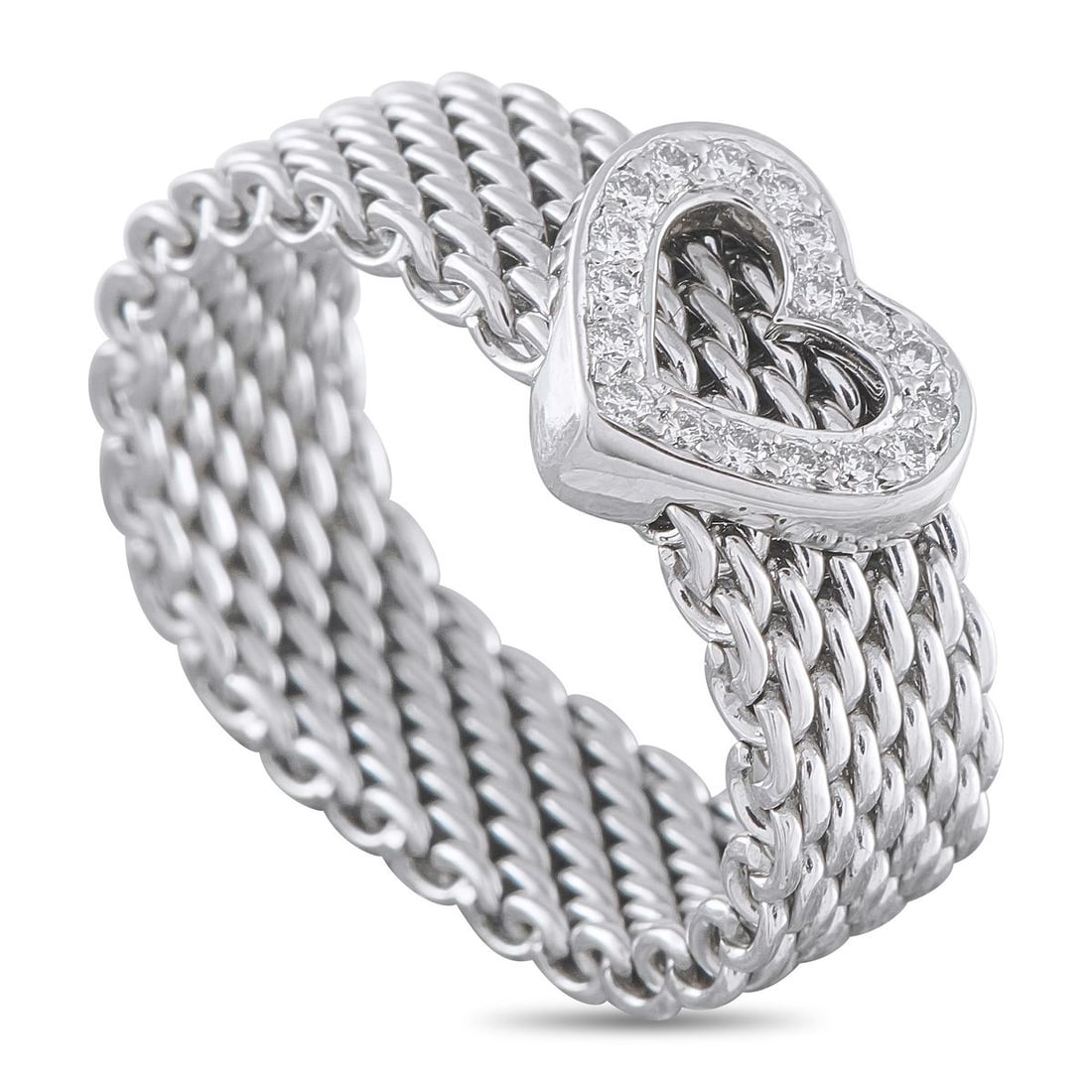 TIFFANY & CO. 18K WHITE GOLD DIAMOND HEART RING: This Tiffany & Co. ring is incredibly charming. Crafted from 18K White Gold, the mesh band is perfectly juxtaposed with a heart-shaped motif accented by inset Diamonds. A 6mm wide band and a 4mm top h
