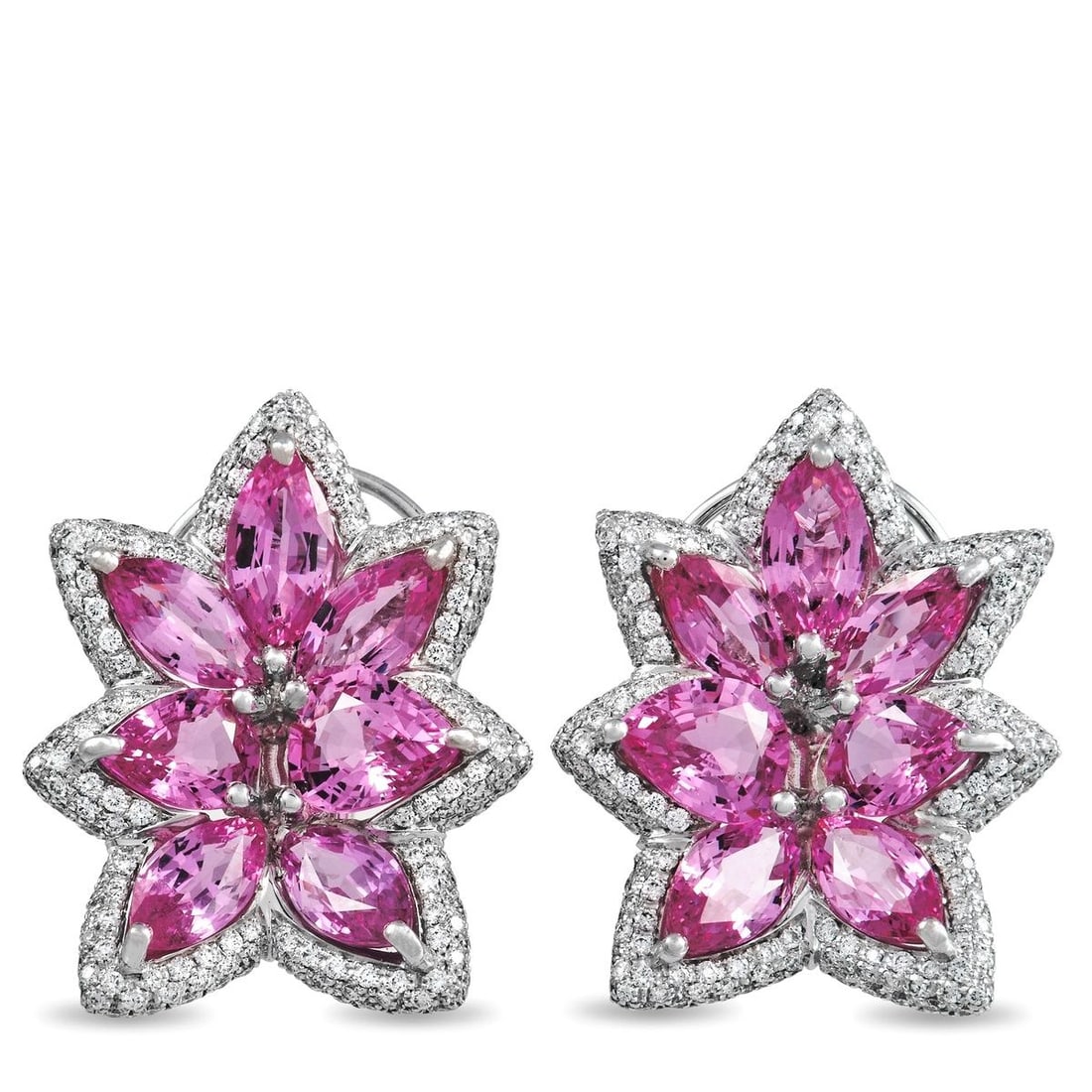 DE GRISOGONO 18K WHITE GOLD 1.94 CT DIAMOND AND PINK SAPPHIRE EARRINGS: Bold, vibrant, and dynamic in design, these De Grisogono earrings will forever make a statement. A breathtaking arrangement of pink sapphires totaling 15.20 carats add undeniable visual impact, especi