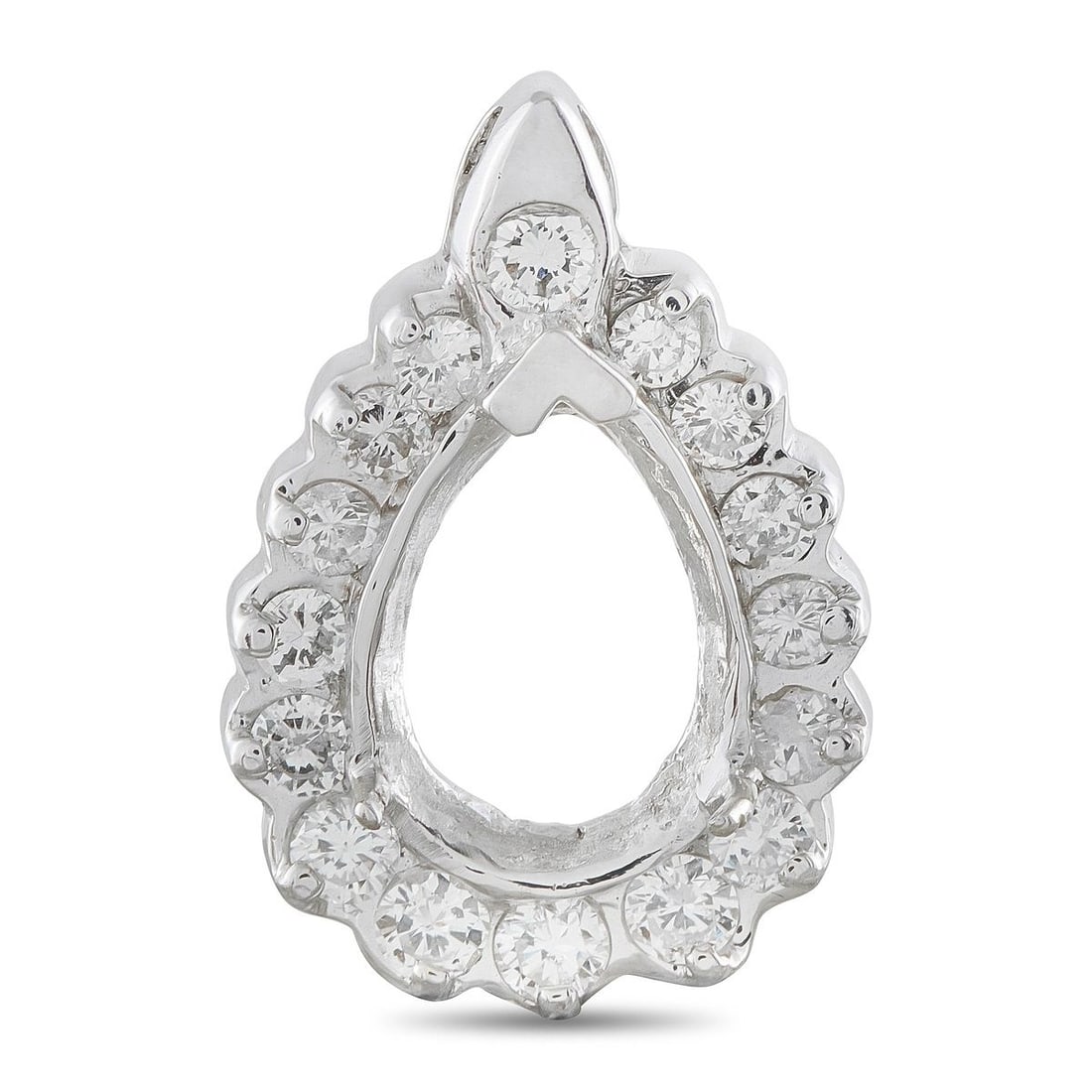14K WHITE GOLD 2.25CT DIAMOND PEAR HALO PENDANT: A captivating estate pendant in 14K white gold, this open pear-shaped halo design features 2.25 carats total weight of round brilliant diamonds encircling the teardrop-shaped open frame. The luminous