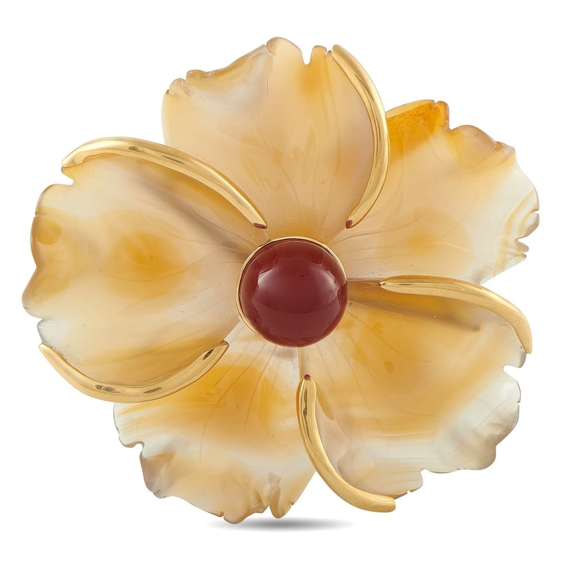 ANDREW CLUNN 18K YELLOW GOLD AGATE AND CORNELIAN FLOWER BROOCH: This Andrew Clunn flower brooch is fresh, sophisticated, and ideal for any occasion. Opulent 18K Yellow Gold accents add dimension to the Agate petals. At the center, a Cornelian cabochon provides a