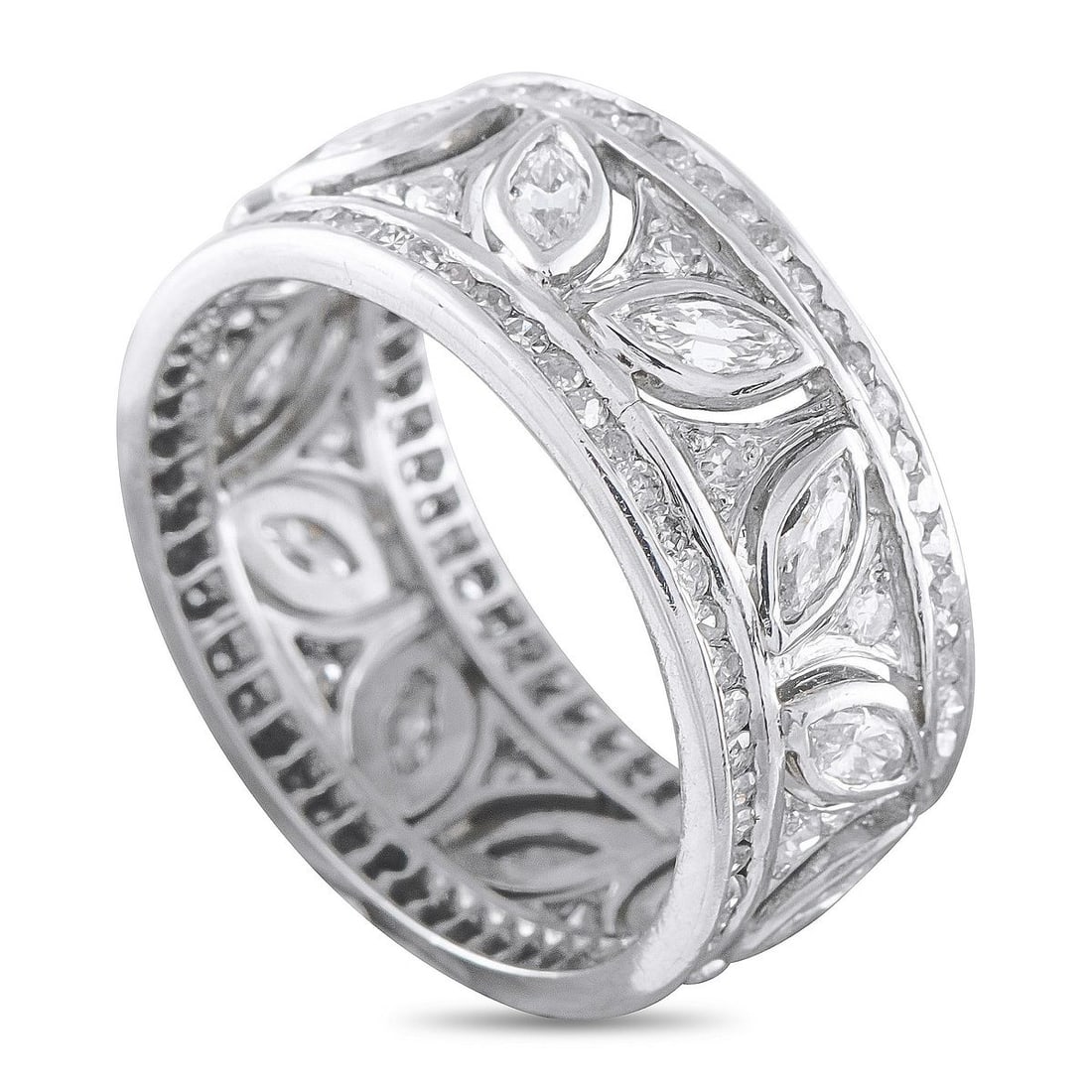 PLATINUM 2.02CT DIAMOND BAND RING: Diamonds with a total weight of 2.02 carats cover this stylish band ring. Set in Platinum, this piece will look elegant no matter if its worn alone or stacked with other luxury pieces. It measures 8mm
