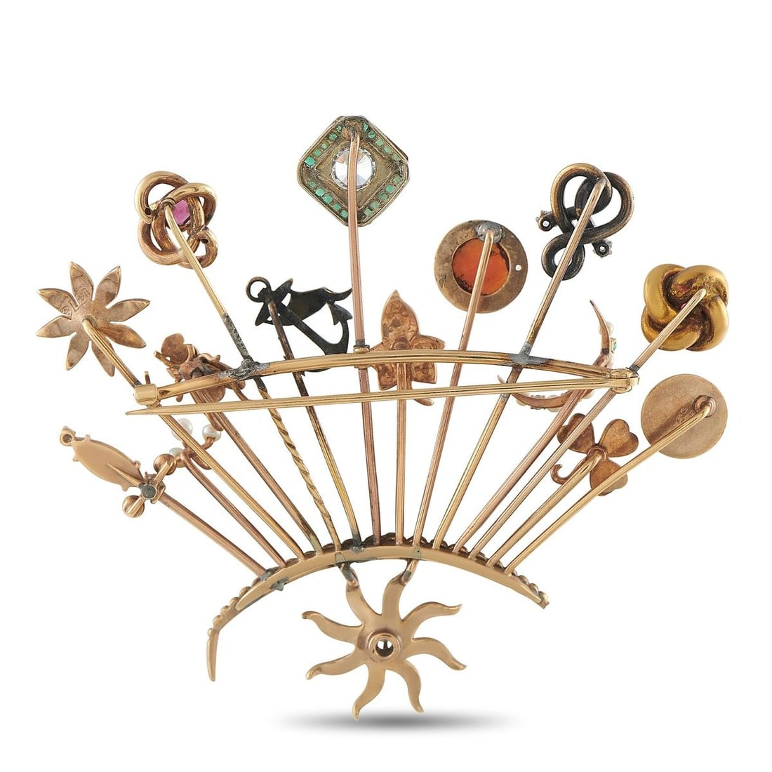 14K ROSE GOLD 0.60CT DIAMOND FAN BROOCH: An extraordinary antique fan-shaped brooch in 14K rose gold, designed as a stickpin display holder. The arched rose gold frame is adorned with seed pearls along the arc and anchored by a diamond-set s