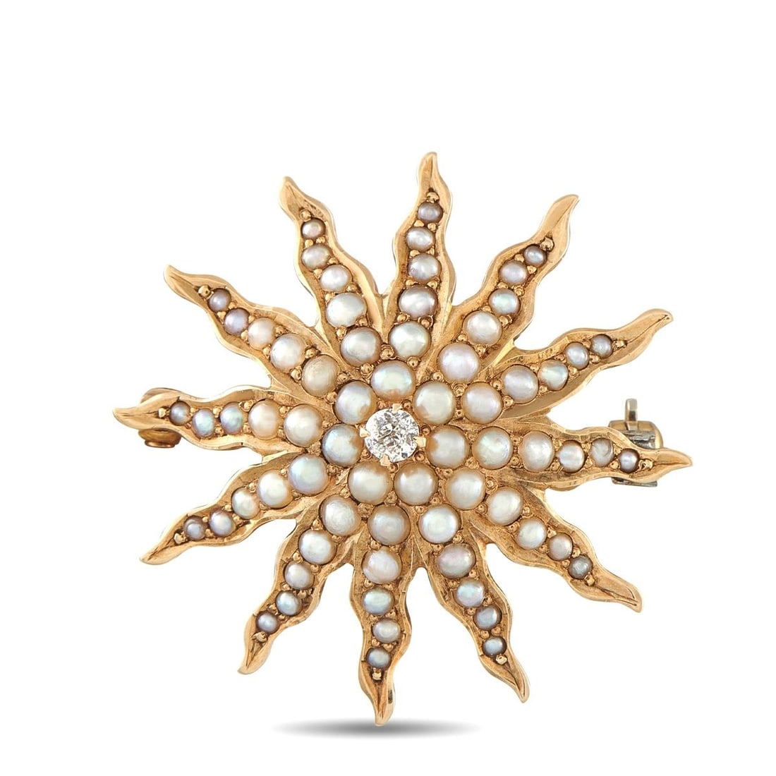14K ROSE GOLD 0.07 CT DIAMOND SEED PEARL STARBURST BROOCH: A charming starburst brooch in 14K rose gold, adorned with delicate seed pearls lining each radiating ray and a sparkling old cut diamond of approximately 0.07 carats set at the center. Seed pearls ti