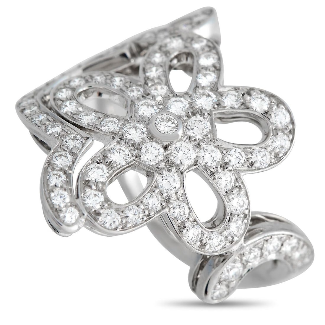 VAN CLEEF & ARPELS 18K WHITE GOLD 0.85CT DIAMOND FLOWER LACE COCKTAIL RING: A beautiful piece to add a touch of glamour to your everyday smart casual or special occasion outfits. The ring whispers elegance with its flower-inspired lace-like design. The 18K white gold band fea