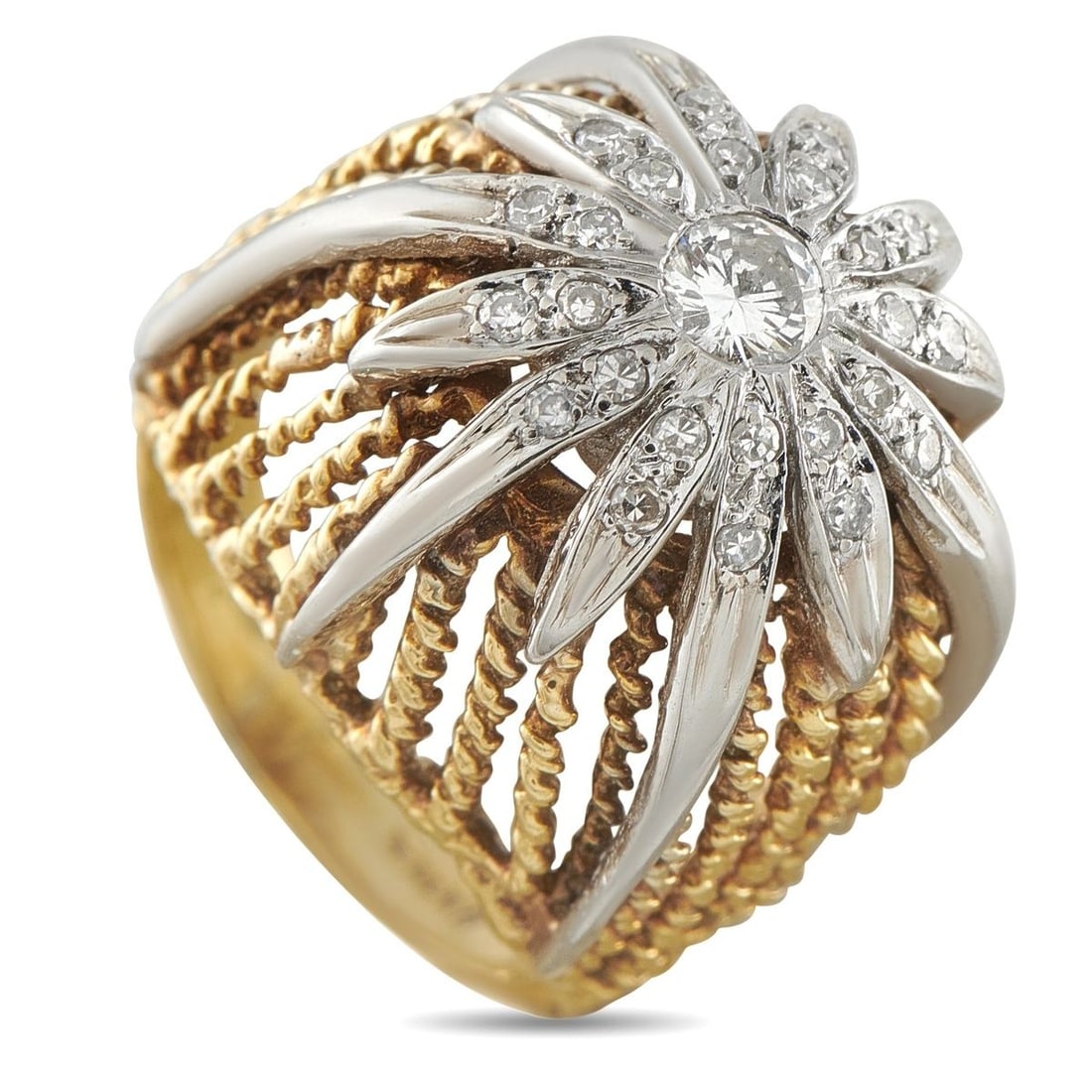 VINTAGE 14K YELLOW GOLD 0.48CT DIAMOND DOME RING: A spectacular vintage dome ring in 14K yellow gold, featuring twisted rope-work architecture rising to a white gold starburst crown set with a center round diamond and radiating pave-set accent diamon