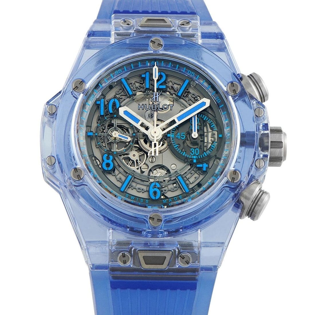 HUBLOT BIG BANG UNICO BLUE SAPPHIRE WATCH: A limited-edition model of just 250 pieces, the Hublot Big Bang Unico Blue Sapphire ref. 411.JL.4809.RT comes carved from polished blue sapphire crystal. Its skeleton dial, transparent resin with appl