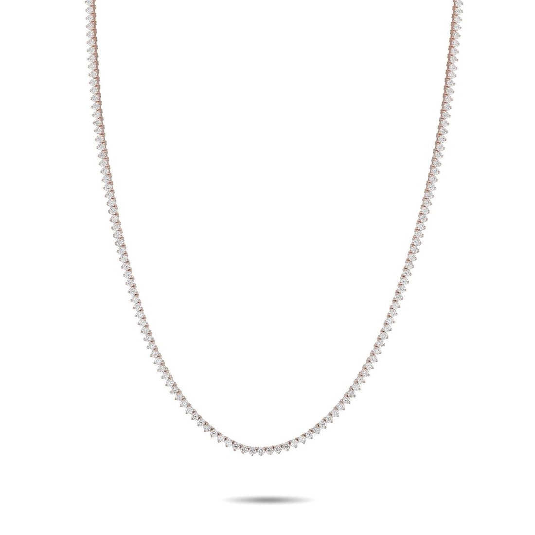 14K ROSE GOLD 7.57CT LAB-GROWN DIAMOND TENNIS NECKLACE: This tennis necklace is elegant, sophisticated, and incredibly captivating. Set in 14K Rose Gold, a series of Lab Grown Diamonds with a total weight of 7.57 carats make it an impressive piece that wil