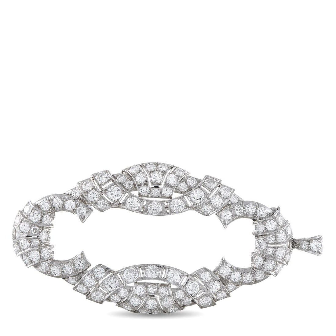 ANTIQUE 18K WHITE GOLD 5.0CT DIAMOND PLAQUE BROOCH: A magnificent antique plaque brooch in 18-karat white gold, densely pav-set with diamonds totaling 5.00 ct across an elongated undulating form with two open oval cutout windows a masterwork of early