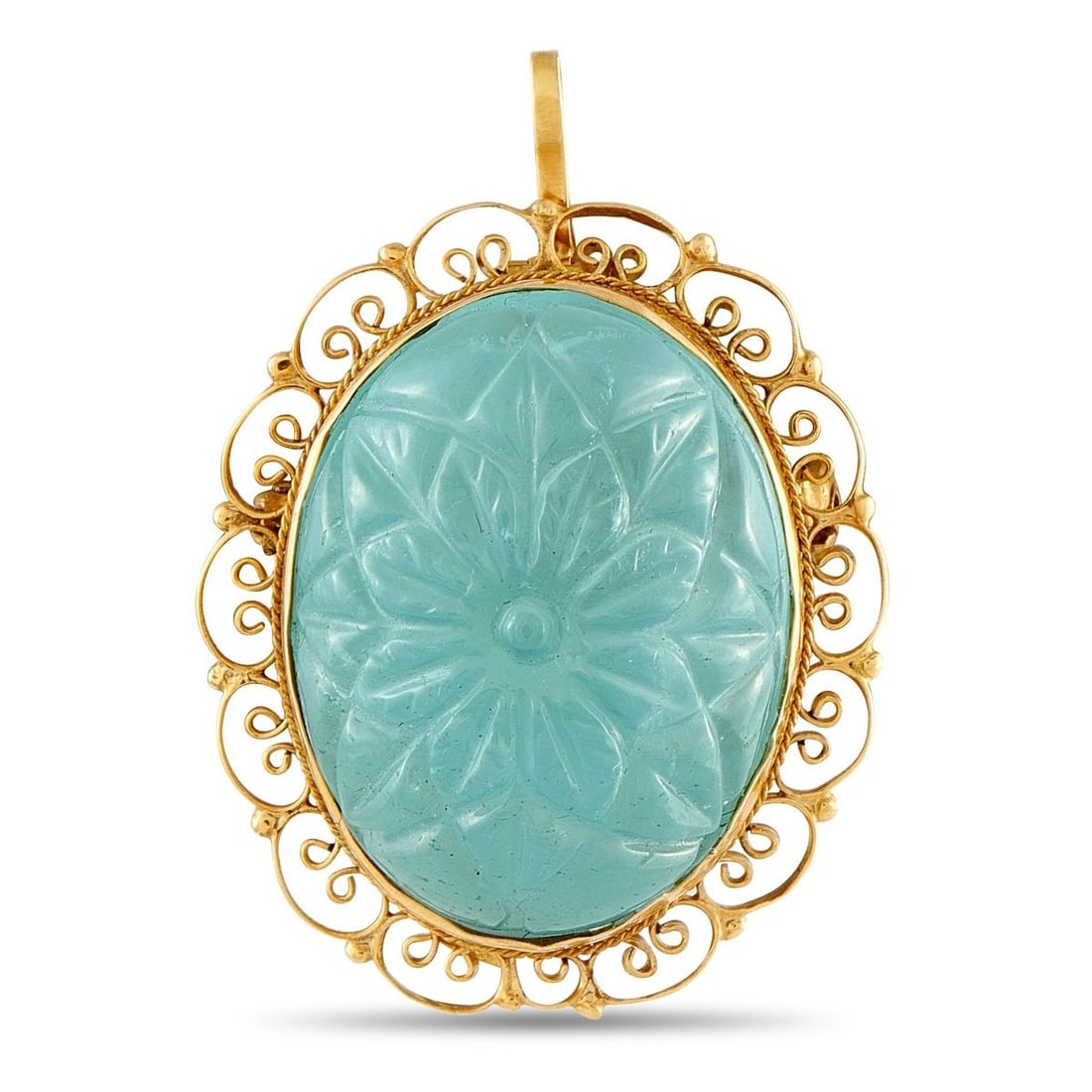 18K YELLOW GOLD 25CT CARVED AQUAMARINE FILIGREE PENDANT: A captivating pendant in 18K yellow gold, featuring a large oval carved aquamarine totaling 25 carats with an intricate floral motif engraved across its surface. The pale blue-green stone is bezel-set