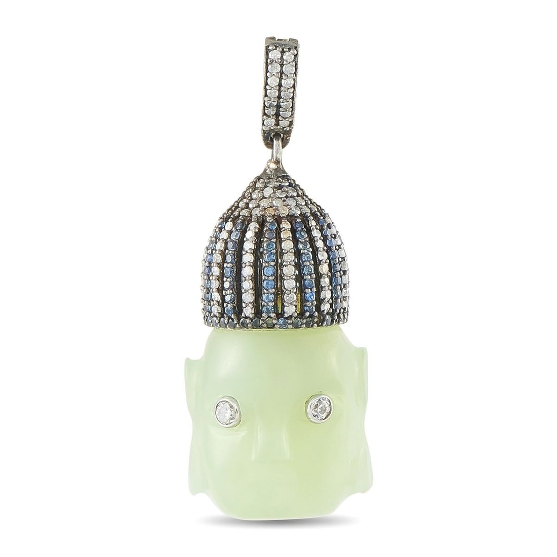 STERLING SILVER DIAMOND, SAPPHIRE, AND JADE PENDANT: This pendant is crafted in sterling silver and depicts a carved nephrite jade Buddha head topped with a pave dome of diamonds and sapphires set in vertical rows. Diamond accents form the eyes of the f