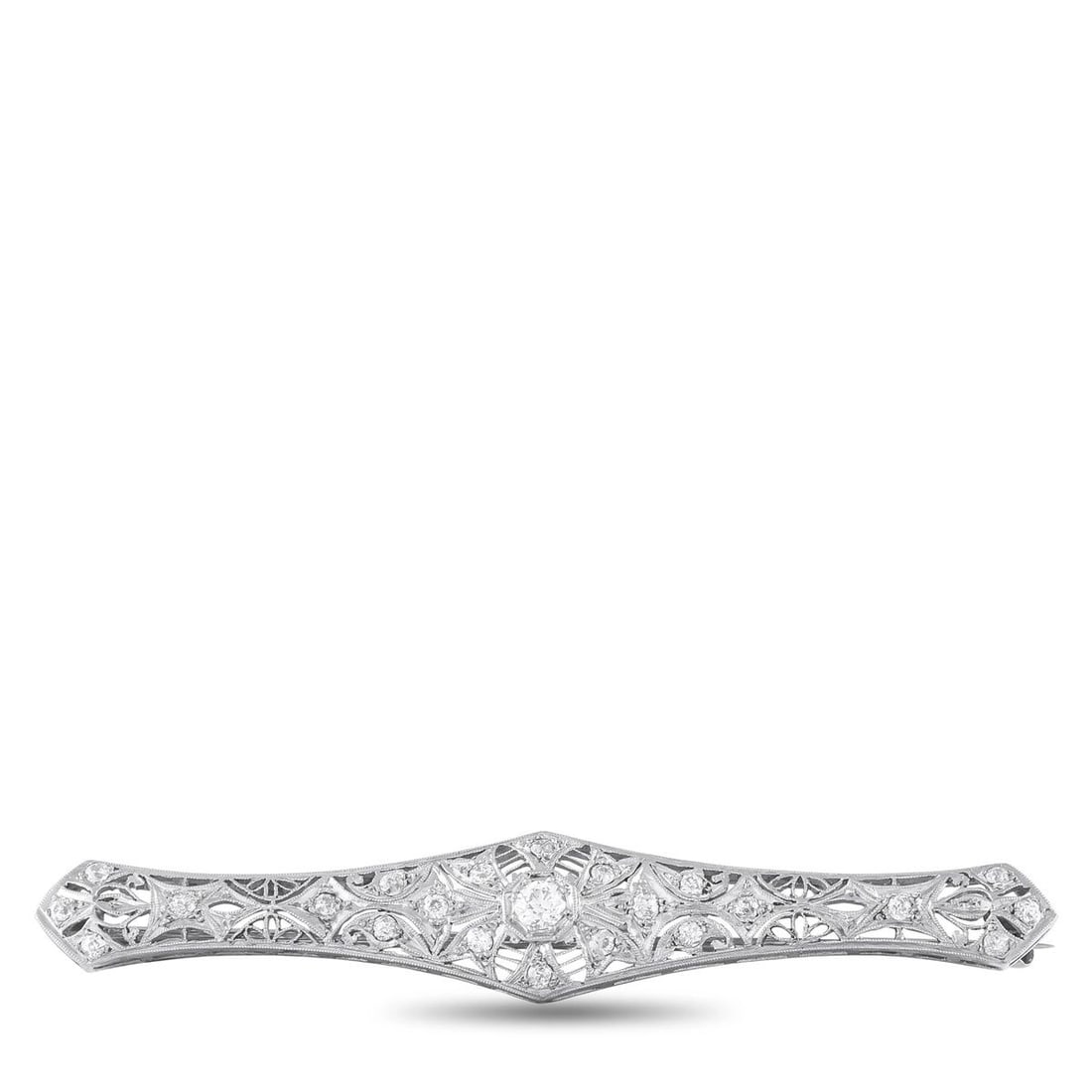 ANTIQUE PLATINUM AND 14K YELLOW GOLD 0.75CT DIAMOND BROOCH PIN: This Art Deco brooch pin is crafted in platinum with 14K yellow gold detailing and weighs 9.0 grams. It features an intricate open filigree design set with round diamonds totaling approximately 0.75 c