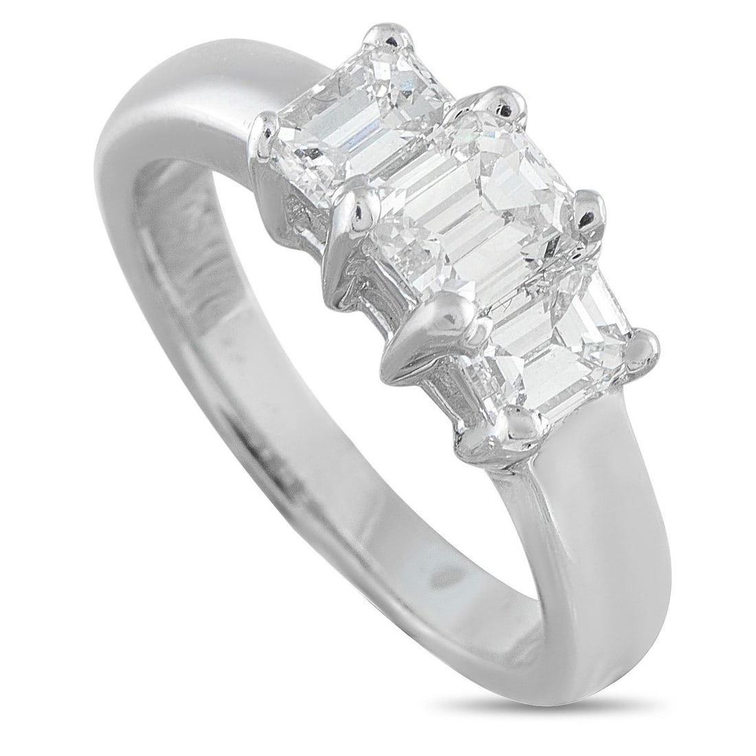 14K WHITE GOLD 1.64CT DIAMOND THREE-STONE RING: This classic 14K white gold ring features three emerald-cut diamonds set side by side in a shared prong setting, with a total diamond weight of 1.64 carats. The ring weighs 5.5 grams and includes a gi