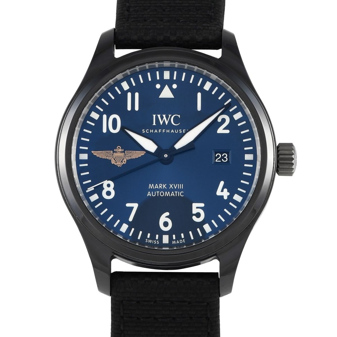 IWC PILOT'S MARK XVIII WINGS OF GOLD WATCH: A stunning, easy-to-love modern watch. IWC's Pilot's Watch Mark XVIII has an attractive blue dial framed by a flawlessly finished black ceramic case on a black textile strap. The case measures 41mm in