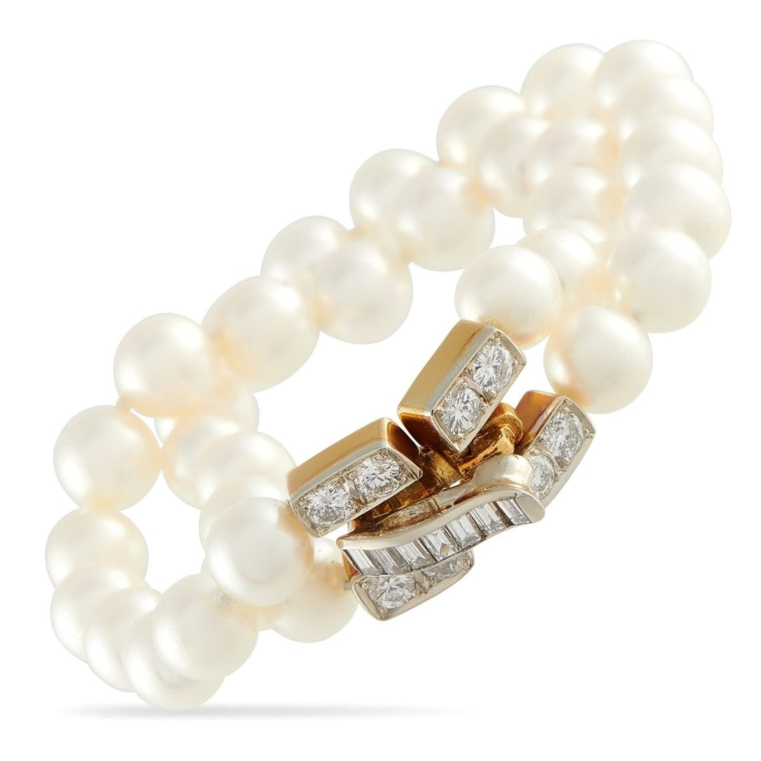18K YELLOW GOLD 1.50CT DIAMOND AND PEARL BRACELET: This luxury bracelet is truly timeless. A double strand of Pearls makes it a sophisticated addition to any ensemble. The 18K Yellow Gold clasp is elevated by Diamonds totaling 1.50 carats and serves a
