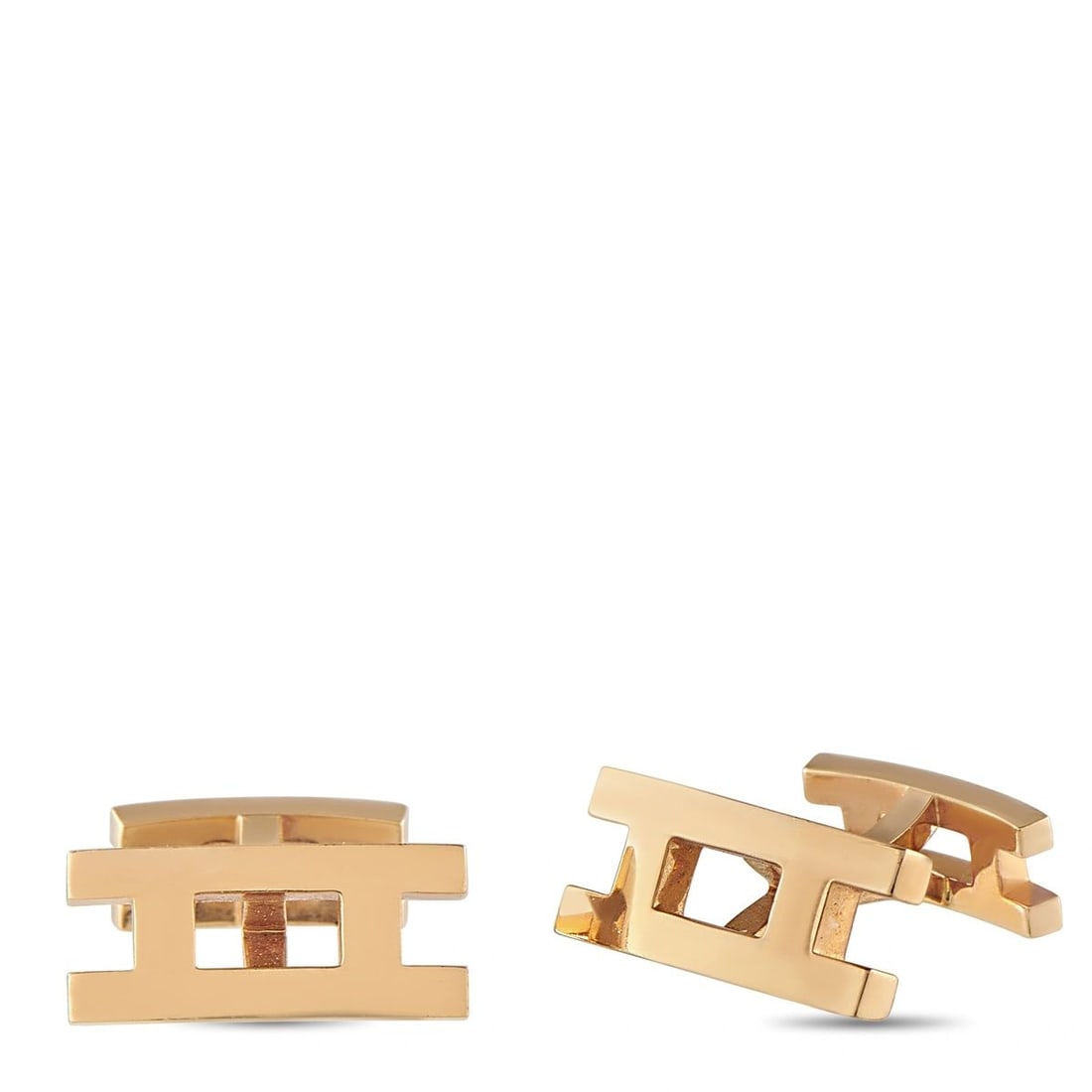 HERMES HERMS 18K ROSE GOLD CUFFLINKS: These Herms cufflinks are crafted in 18K rose gold in the brand's signature pierced H motif with a hinged toggle back. They weigh 11.0 grams total. Signed Herms. This estate piece includes a gift box.