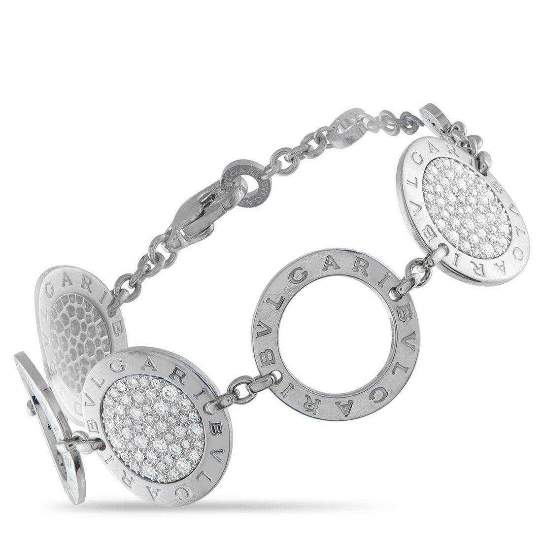 BVLGARI 18K WHITE GOLD 1.80CT DIAMOND BRACELET: This Bvlgari bracelet features a sleek, sophisticated design. Crafted from 18K White Gold, the circular motifs are accented by inset Diamonds totaling 1.80 carats as well as the luxury brands signatur