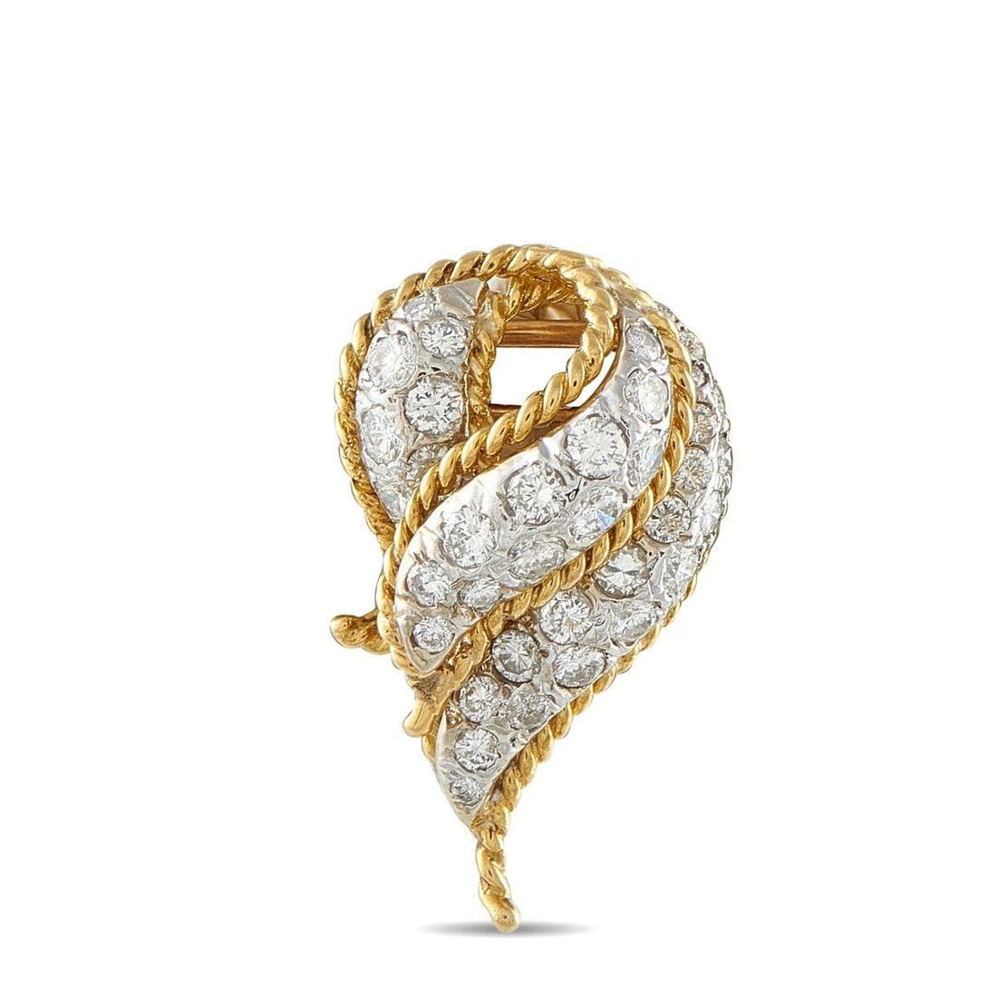 18K YELLOW GOLD 2.0CT DIAMOND SWIRL PENDANT: This 18K yellow gold pendant is designed as an elegant swirling leaf motif, rope-twist bordered and pav-set throughout with round brilliant diamonds totaling approximately 2.00 carats. The piece weigh