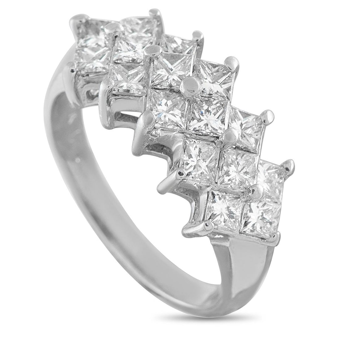 14K WHITE GOLD 2.40CT DIAMOND PRINCESS-CUT CLUSTER RING: A bold and substantial ring in 14K white gold, set with princess-cut diamonds totaling 2.40 carats arranged in a geometric cluster formation. The brilliantly faceted square-cut stones are prong-set in