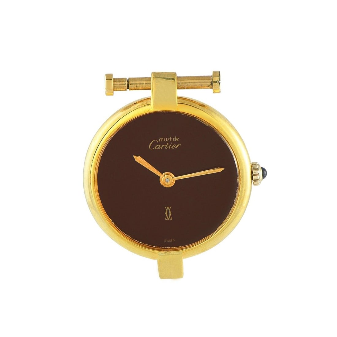 CARTIER MUST DE CARTIER VENDME BURGUNDY DIAL VERMEIL QUARTZ WATCH: Here is a vintage Cartier Must Vendme offered as a standalone case and dial, without a strap. The case is crafted in sterling silver with thick 20-micron gold plating. It showcases Cartier's timeless 