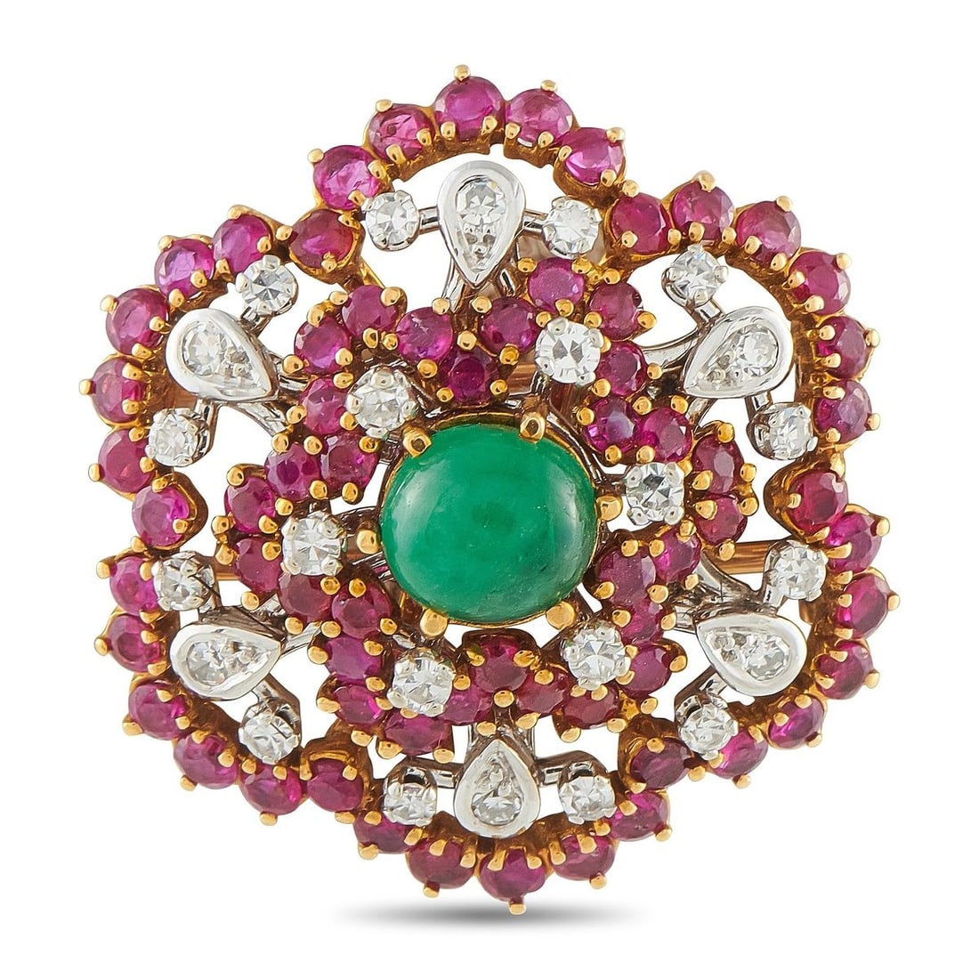 ANTIQUE FRENCH 18K YELLOW GOLD 0.50CT DIAMOND, RUBY, AND EMERALD CLUSTER BROOCH: This antique French brooch centers a 2 carat cabochon emerald surrounded by clusters of round rubies totaling approximately 2.5 carats and pear-shaped diamonds totaling approximately 0.50 carats, set 