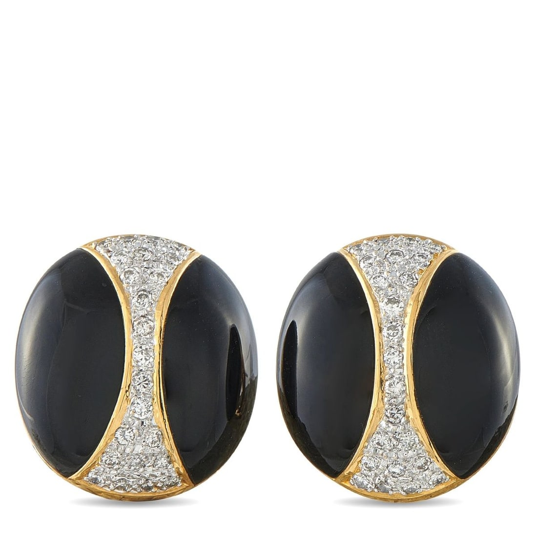 18K YELLOW GOLD 1.0CT DIAMOND AND ONYX EARRINGS: This pair of oval button earrings is crafted in 18K yellow gold and set with polished onyx cabochons accented by a diagonal pav diamond stripe totaling approximately 1.00 carat. Finished with secure o