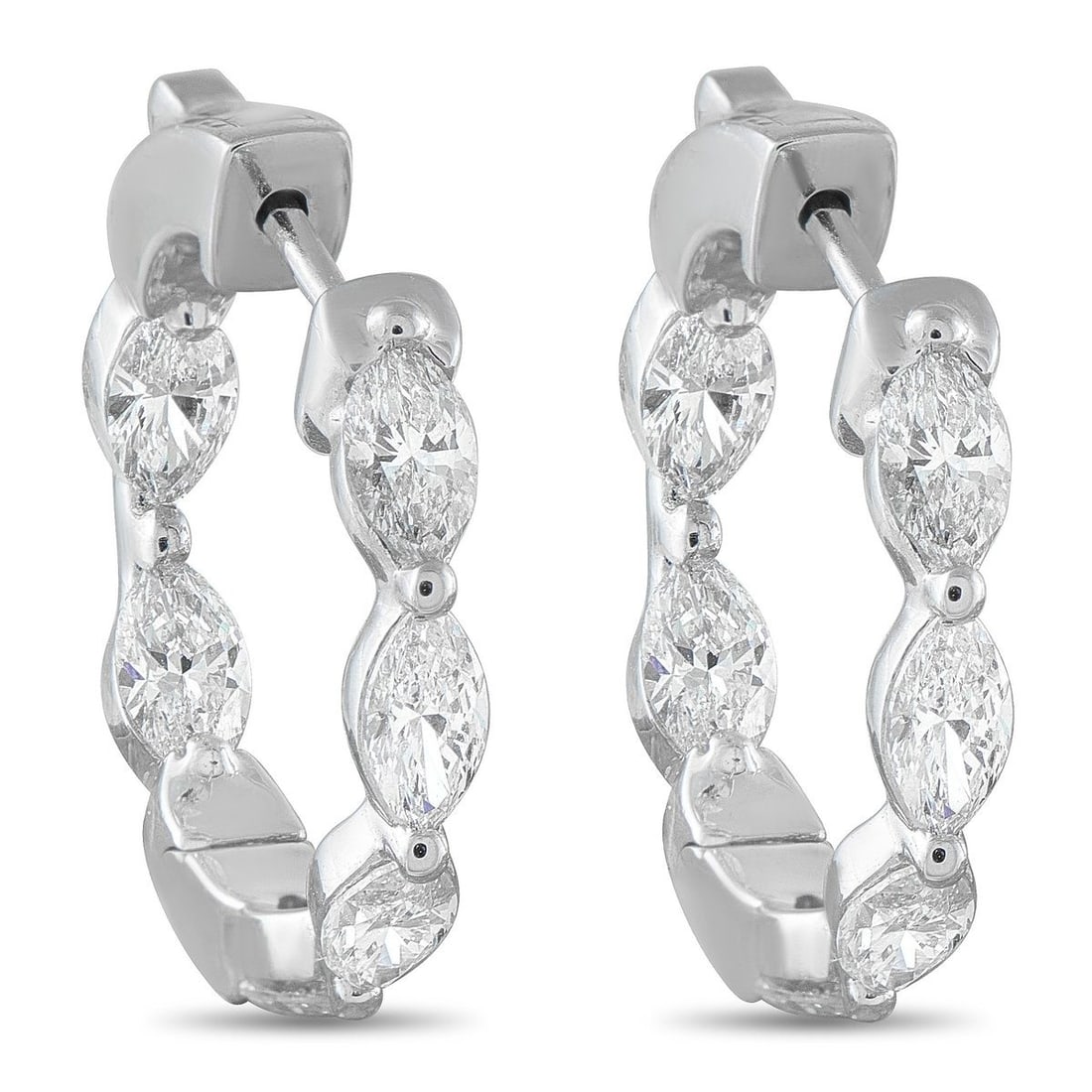 18K WHITE GOLD 2.40CT DIAMOND HOOP EARRINGS: Simple and stylish, these luxury earrings offer unique elegance. Marquise-cut Diamonds with a total weight of 2.40 carats continually catch the light and capture your imagination. Set in 18K White Gol