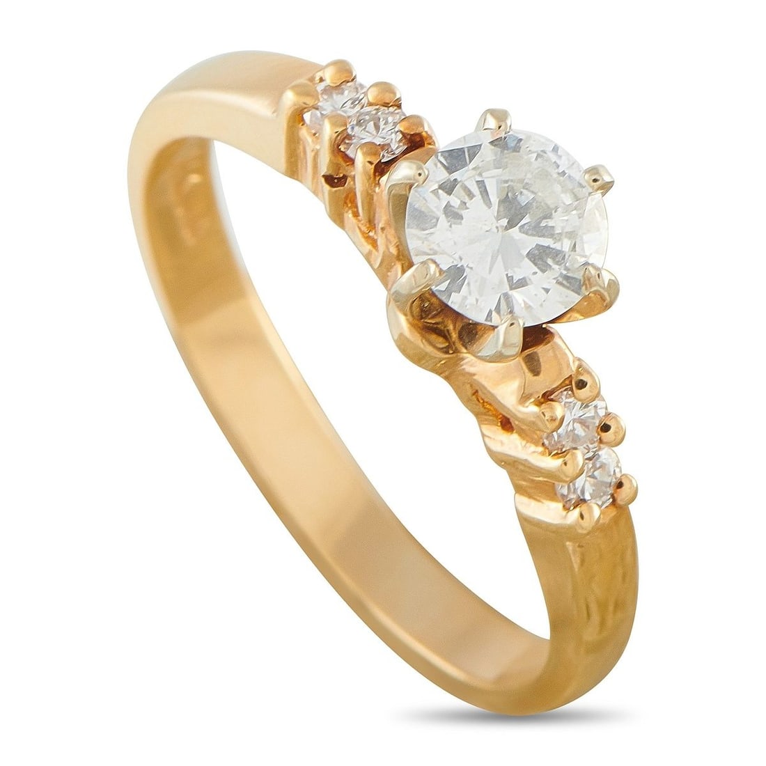 14K YELLOW GOLD 0.58CT DIAMOND RING: A classic engagement-style ring in 14K yellow gold, featuring a round brilliant diamond center stone of approximately 0.50 carats held in a six-prong basket setting, flanked by three round brilliant d