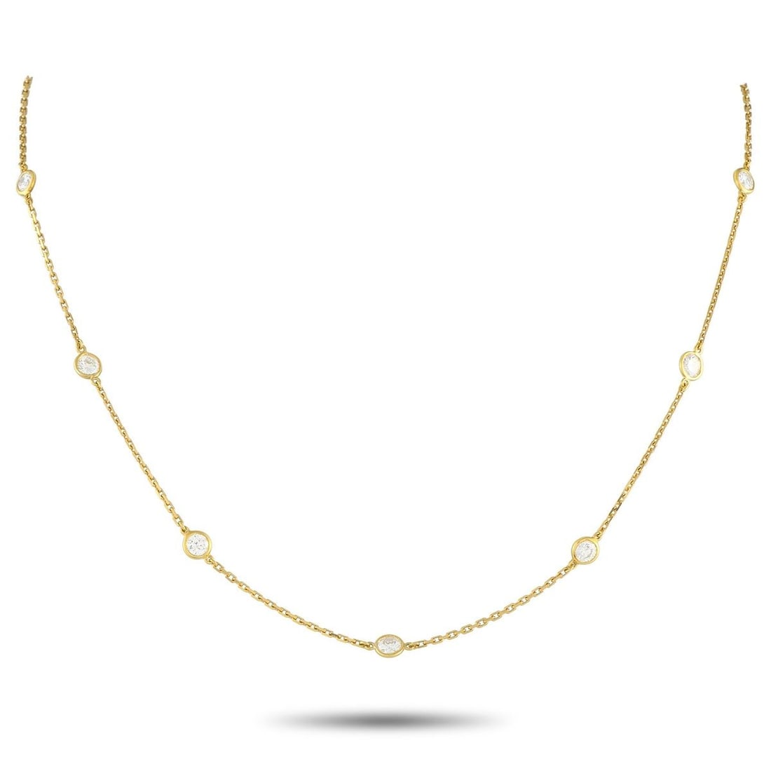 TIFFANY & CO. ELSA PERETTI DIAMONDS BY THE YARD 18K YELLOW GOLD 2.50CT DIAMOND NECKLACE: From Tiffany's Diamonds by the Yard collection, this necklace designed by Elsa Peretti features an 18K yellow gold cable chain punctuated by bezel-set round brilliant diamonds totaling 2.50 carats. Th