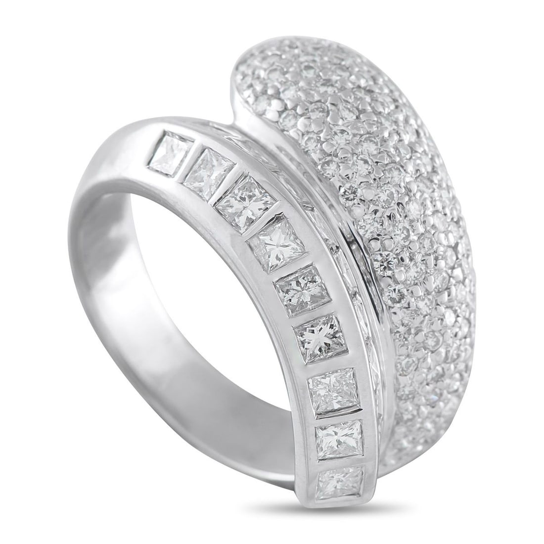 18K WHITE GOLD 1.70CT DIAMOND RING: This bypass ring is beautifully balanced. Sleek and incredibly sophisticated, one end of the design is covered in pave Diamonds while the other includes a series of square-cut Diamonds together, this 