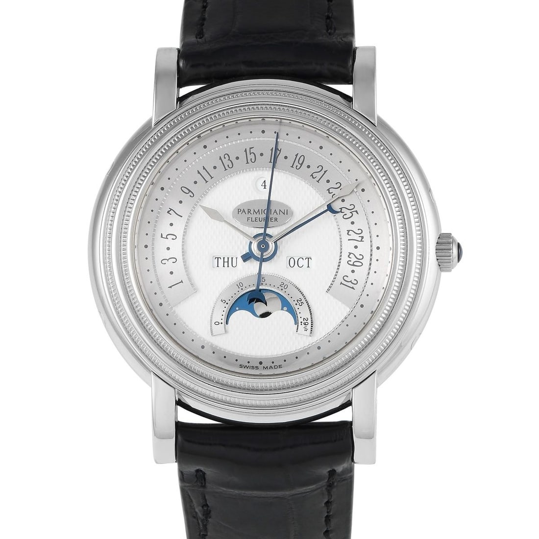 PARMIGIANI FLEURIER TORIC RETROGRADE 40MM WATCH: The Parmigiani Fleurier Toric Retrograde Watch, reference number PFH427, is a meticulous and complex calendar timepiece.This timepiece features an 18K White Gold 40mm case, a textured bezel, and a bla