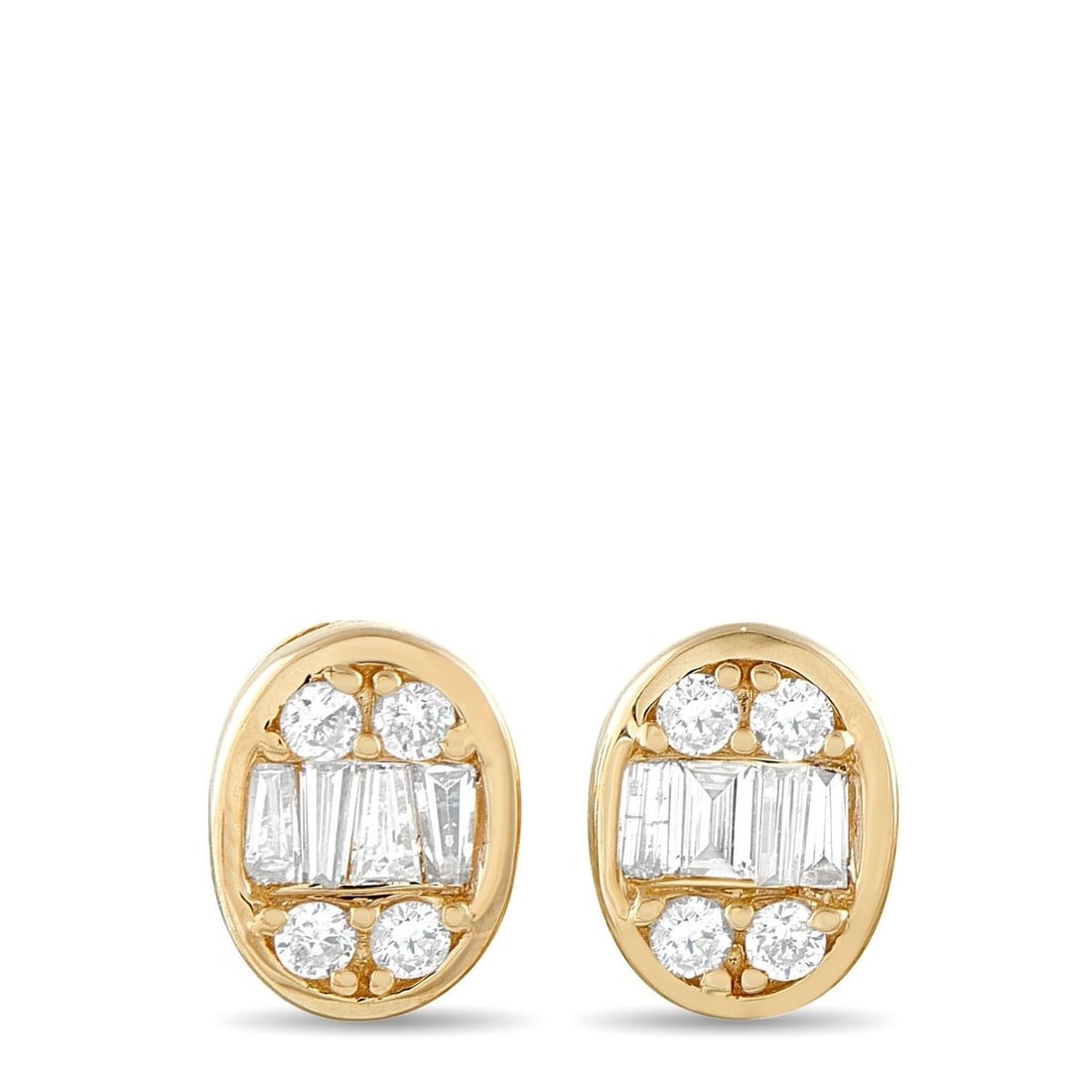 14K YELLOW GOLD 0.40CT DIAMOND CLUSTER OVAL STUD EARRINGS: Simple, distinctive, and made to catch the eye without trying too hard. These 14K yellow gold oval studs keep things understated yet striking with their combination of round and tapered baguette diamo