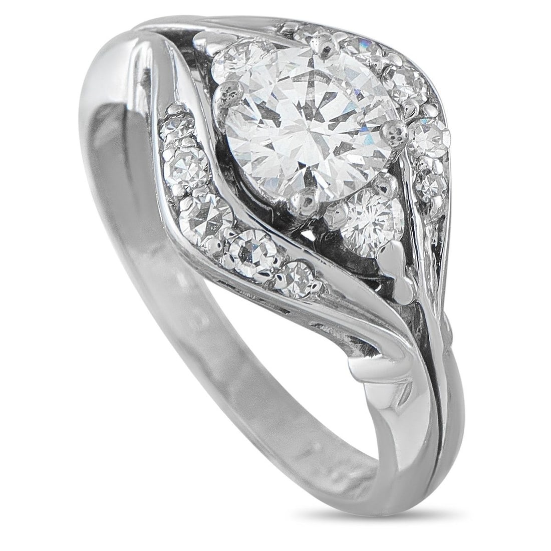 14K WHITE GOLD 0.95CT DIAMOND RING: A graceful bypass ring in 14K white gold, centering a round brilliant diamond of approximately 0.75 ct nestled between sweeping wave-shaped shoulders set with round accent diamonds totaling 0.20 ct.