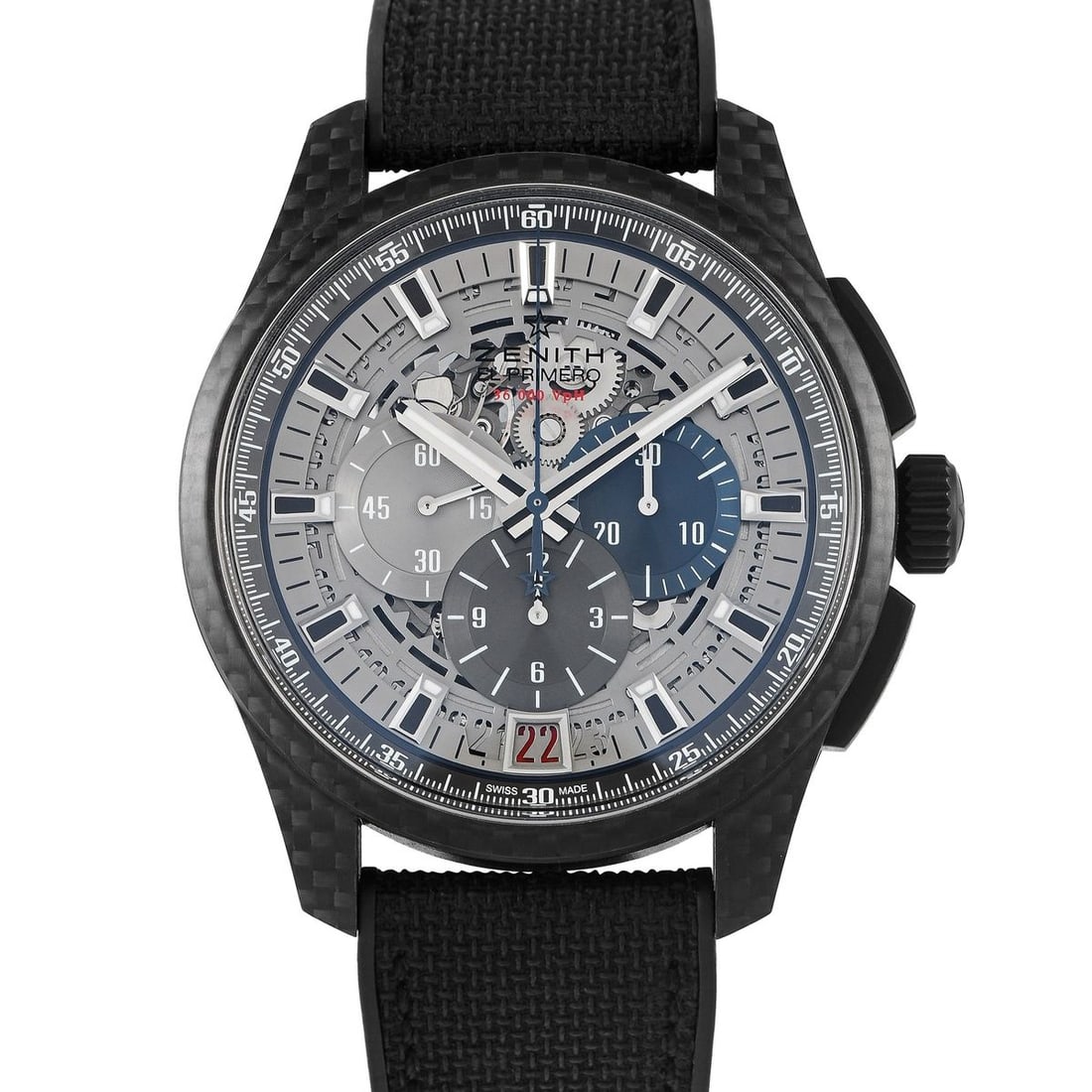 ZENITH EL PRIMERO LIGHTWEIGHT LIMITED EDITION WATCH: The 250-piece limited edition El Primero Lightweight ref. 10.2260.400 69.R573 was released in 2014. This sporty watch has its 45mm case executed in black carbon fiber and aluminum. The crown and