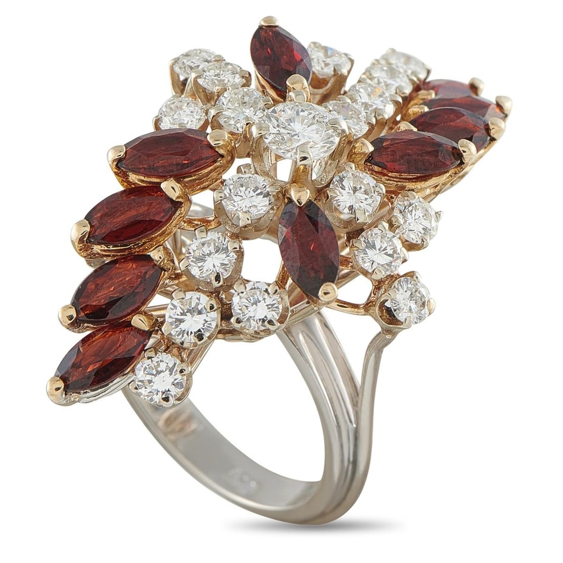 14K WHITE GOLD 1.54CT DIAMOND AND GARNET RING: This luxury ring will add style and sophistication to any ensemble. Diamonds with a total weight of 1.54 carats effortlessly catch the light, while Garnet accents add color and depth to the overall de