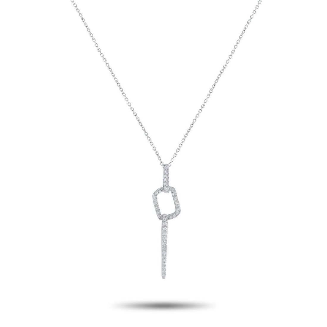 14K WHITE GOLD 0.25CT DIAMOND MINIMALIST GEOMETRIC NECKLACE: Clean lines and precise details mark the minimalist look of this necklace. It features a diamond-set bail connected to a diamond-studded open square frame with rounded corners, leading to a linear dro