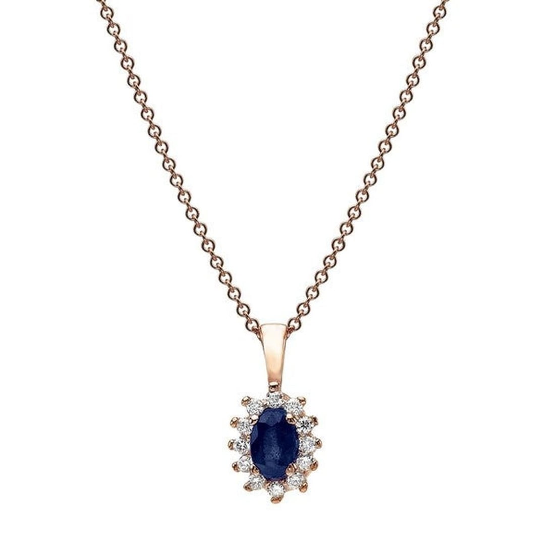 14kt Rose Gold 0.35ctw Diamond Pendant: One 14k rose gold pendant Jewelry Weight: 1.9Grs Total Diamonds Weight: 0.35Cts Main Stones Description: Quantity: 1 Cut and shape: Oval Carats Weight: 0.35 Color: Sapphire Side Stones Description: Qu