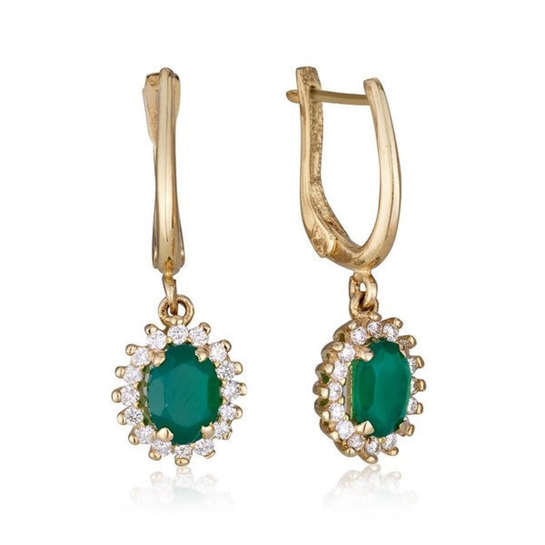 14kt Yellow Gold 0.4ctw Diamond Earrings: One pair of 14k yellow gold earrings Jewelry Weight: 4.1Grs Total Diamonds Weight: 0.4Cts Main Stones Description: Quantity: 2 Cut and shape: Oval Carats Weight: 2 Color: Green Agate Side Stones Descr