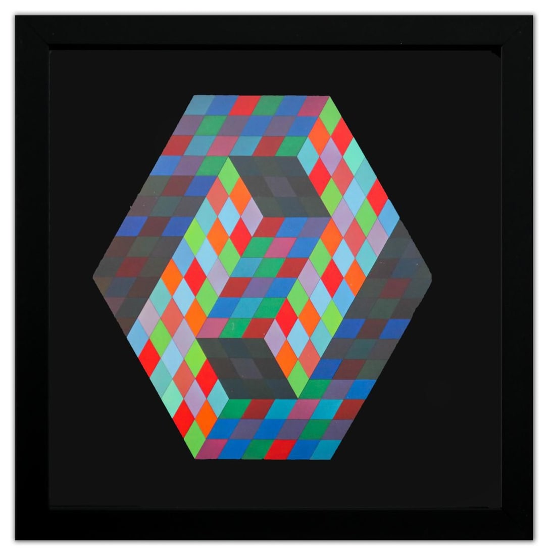 Victor Vasarely- Heliogravure Print "Untitled": Artist: Victor Vasarely. Medium: Heliogravure Print. Title: Untitled. Size: 10" x 10". Measures approx. 12" x 12" (framed). Additional: Custom Framed. Reference#: 21502.