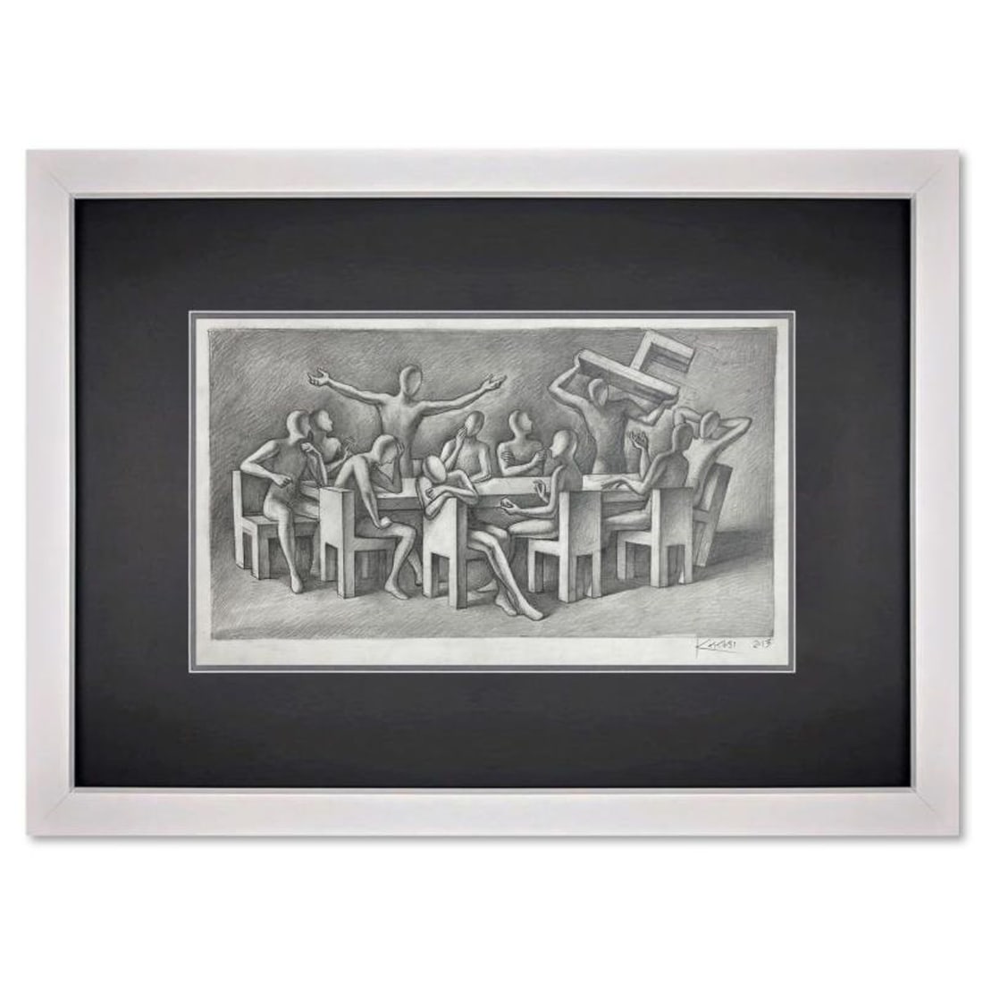 Mark Kostabi, "The New Chairman" Framed Original Drawing on Paper, Hand Signed with Certificate of: The New Chairman is an original drawing on paper by Mark Kostabi, hand signed by the artist. This piece comes custom framed. Includes Certificate of Authenticity. Measures approx. 16" x 23" (frame), 1