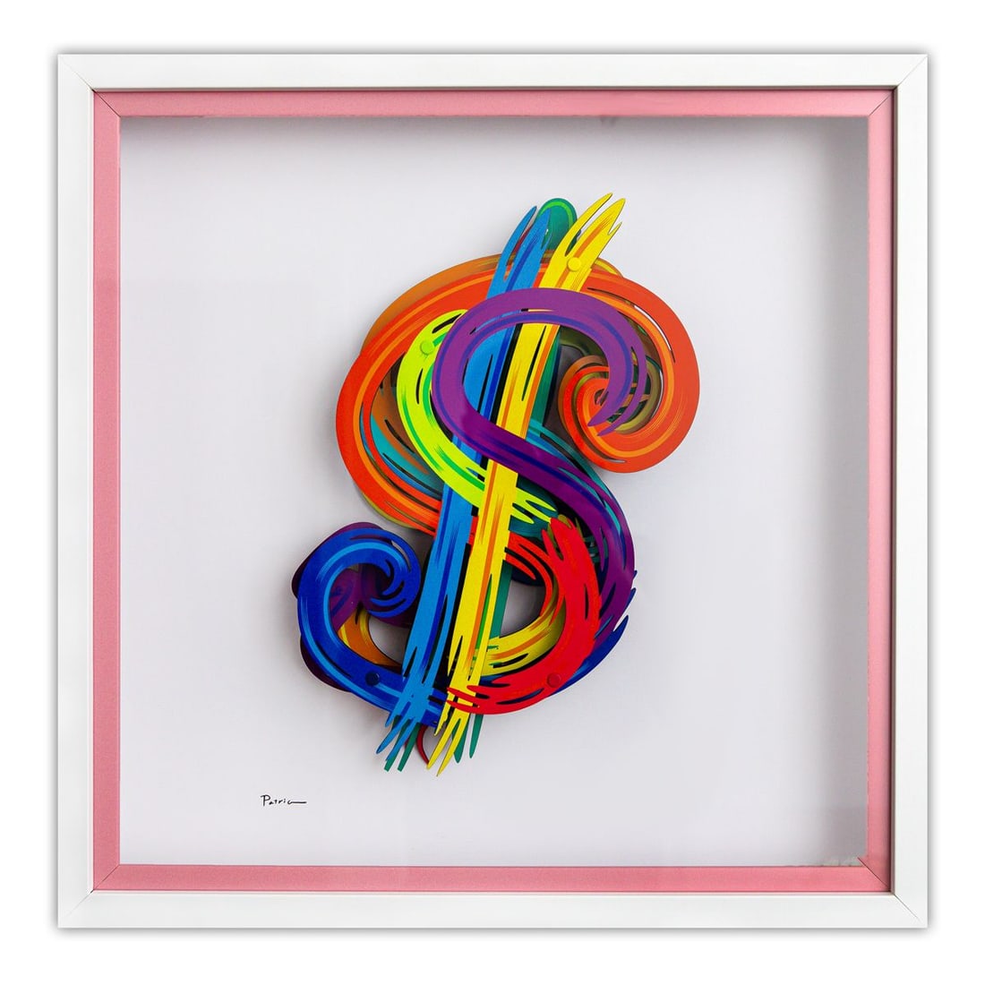 Patricia Govezensky- 3D Multilayered Woodcut "$": Artist: Patricia Govezensky. Medium: 3D Multilayered Woodcut. Title: $. Size: 13" x 10". Measures approx. 20" x 20" (framed). Signature: Hand Signed by the artist. Certificate of Authenticity: Is incl