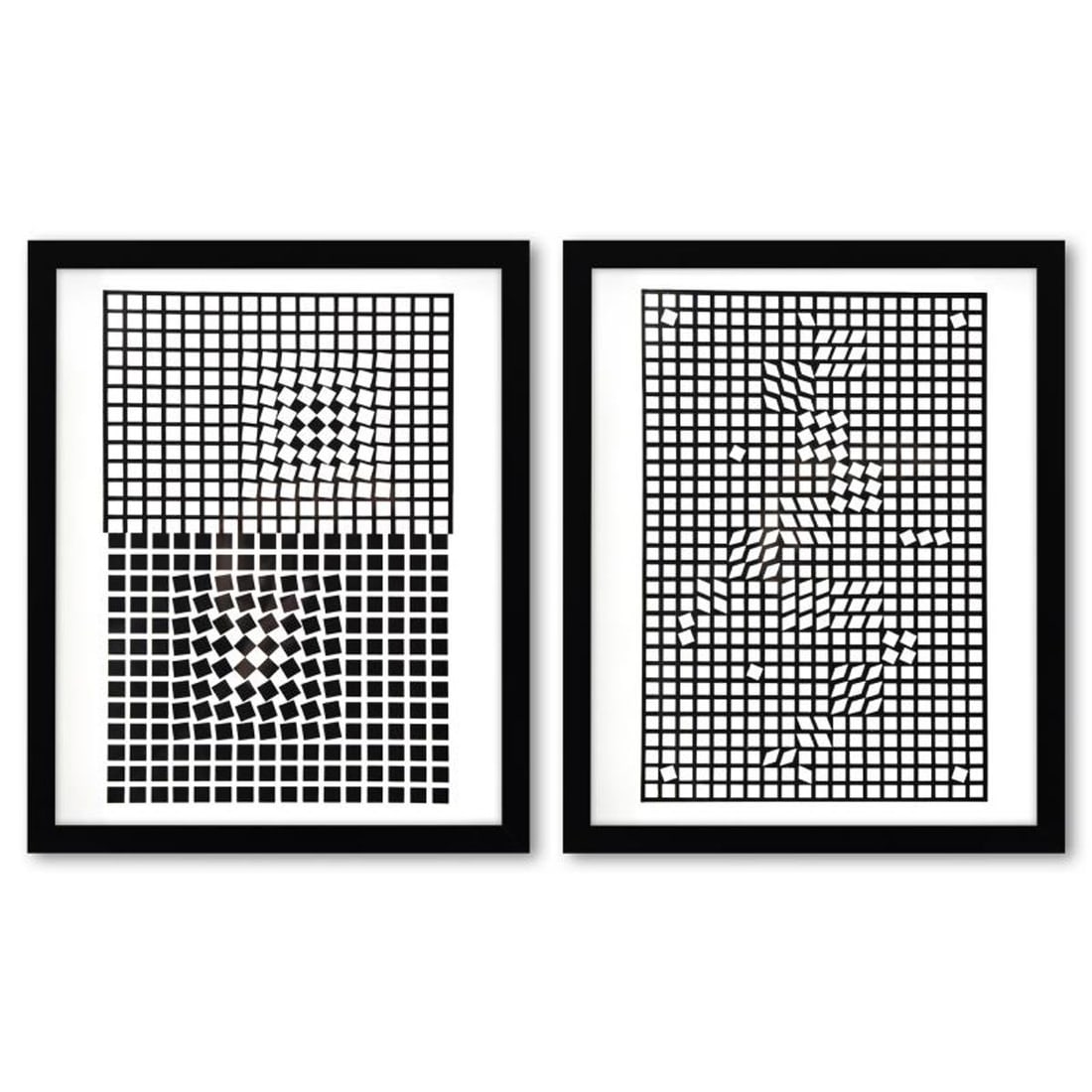 Victor Vasarely (1908-1997), "Eridan - 3 et TLINKO de la serie Corpusculaires (Diptych)" Framed 1973: Eridan - 3 et TLINKO de la serie Corpusculaires (Diptych) is a set of heliogravure prints on paper, published in 1973, by Victor Vasarely (1908-1997). These pieces come custom framed, with a letter
