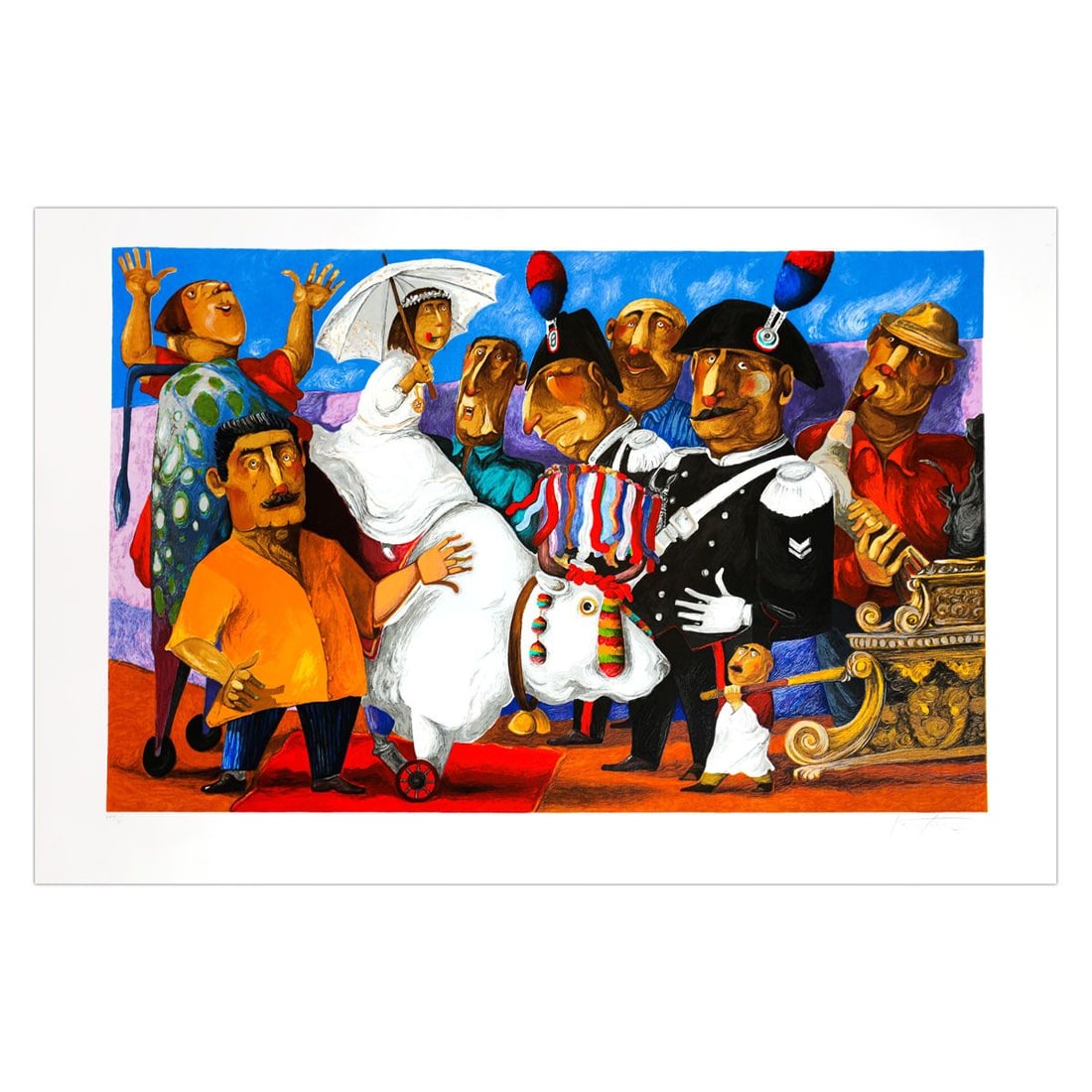 Pino Porcopio- SIlkscreen on Paper "Festa Paesana": Artist: Pino Porcopio. Medium: SIlkscreen on Paper. Title: Festa Paesana. Size: 21" x 33". Signature: Hand Signed and numbered. Certificate of Authenticity: Is included. Additional: Edition number mig