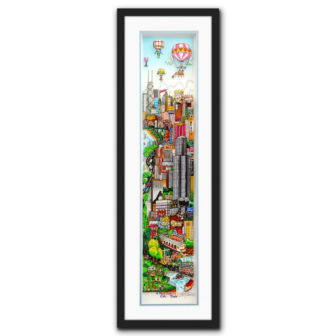 Charles Fazzino- 3D Construction Silkscreen Serigraph "A Deep Dish Pie in Chi Town": Artist: Charles Fazzino. Medium: 3D Construction Silkscreen Serigraph. Title: A Deep Dish Pie in Chi Town. Size: 30" x 7". Measures approx. 36" x 12" (framed). Signature: Hand signed and numbered. Cer