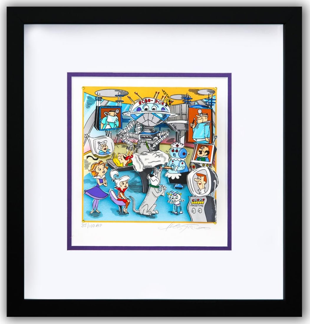 Charles Fazzino- 3D Construction Silkscreen Serigraph "A Jetson's House Call (Purple)": Artist: Charles Fazzino. Medium: 3D Construction Silkscreen Serigraph. Title: A Jetson's House Call (Purple). Size: 6" x 6". Measures approx. 14" x 14" (framed). Signature: Hand Signed and Numbered by