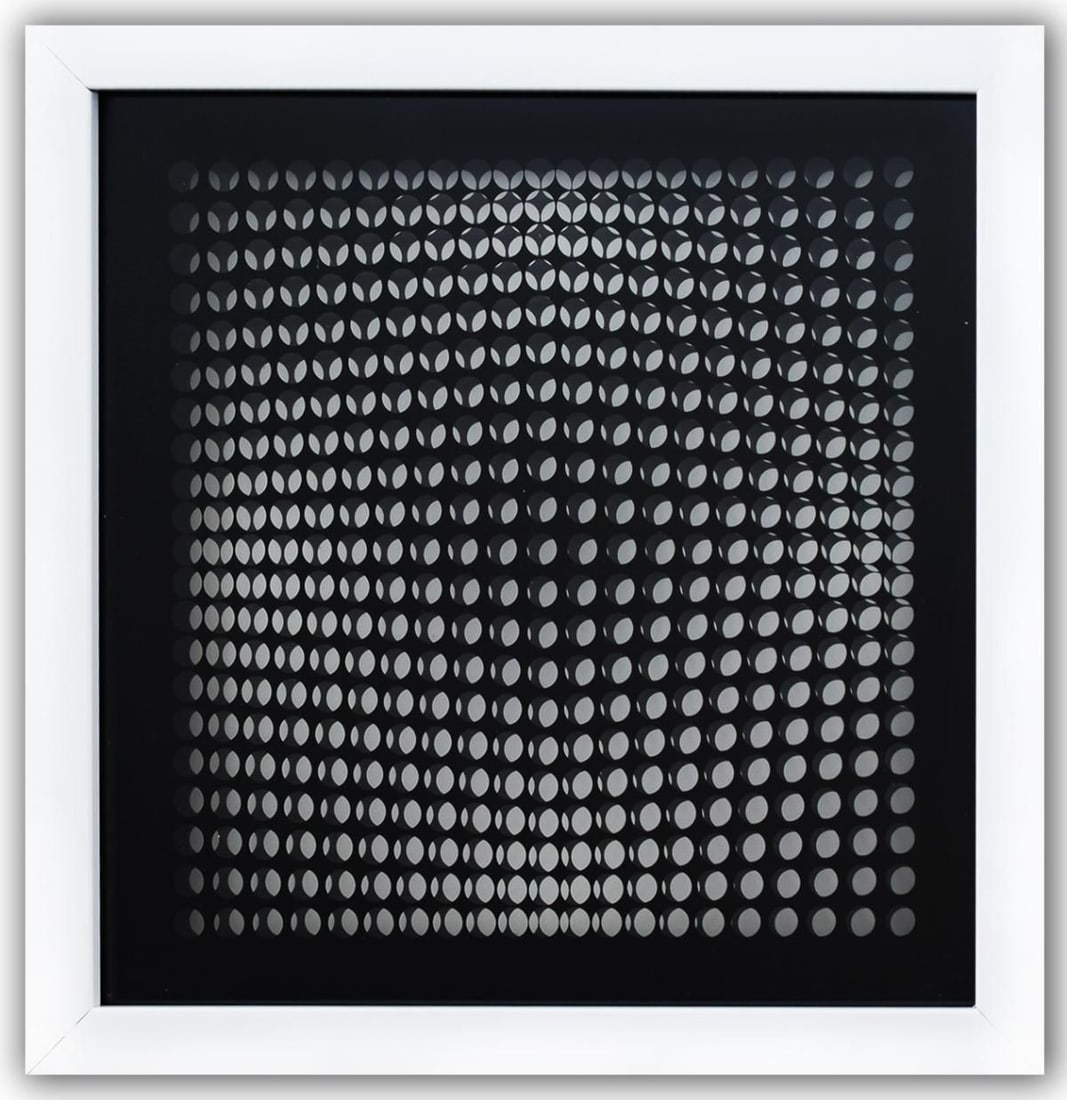Victor Vasarely- 3D Wall Sculpture/object "Cinetiques": Artist: Victor Vasarely. Medium: 3D Wall Sculpture/object. Title: Cinetiques. Size: 10" x 10". Measures approx. 12" x 12" (framed). Additional: Custom Framed. 2 layers- Top layer printed on clear Luci