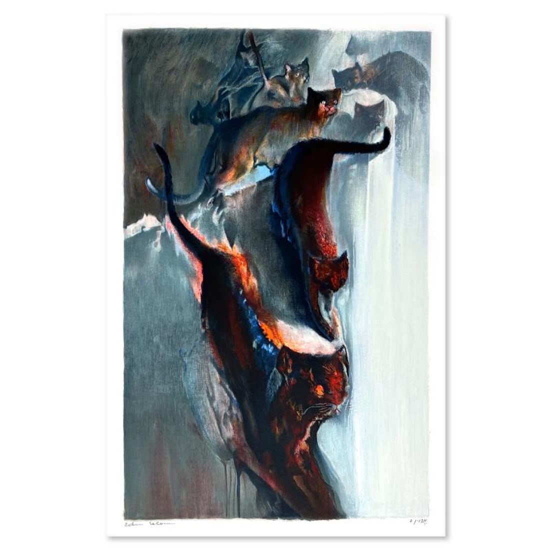 Edwin Salomon (1935-2014), "Cats" Limited Edition Serigraph, Hand Signed and Numbered; Letter of: Cats is a limited edition serigraph on paper by Edwin Salomon (1935-2014). The piece comes hand signed by the artist, numbered, and with a letter of authenticity. Measures approximately 28" x 17". Ref