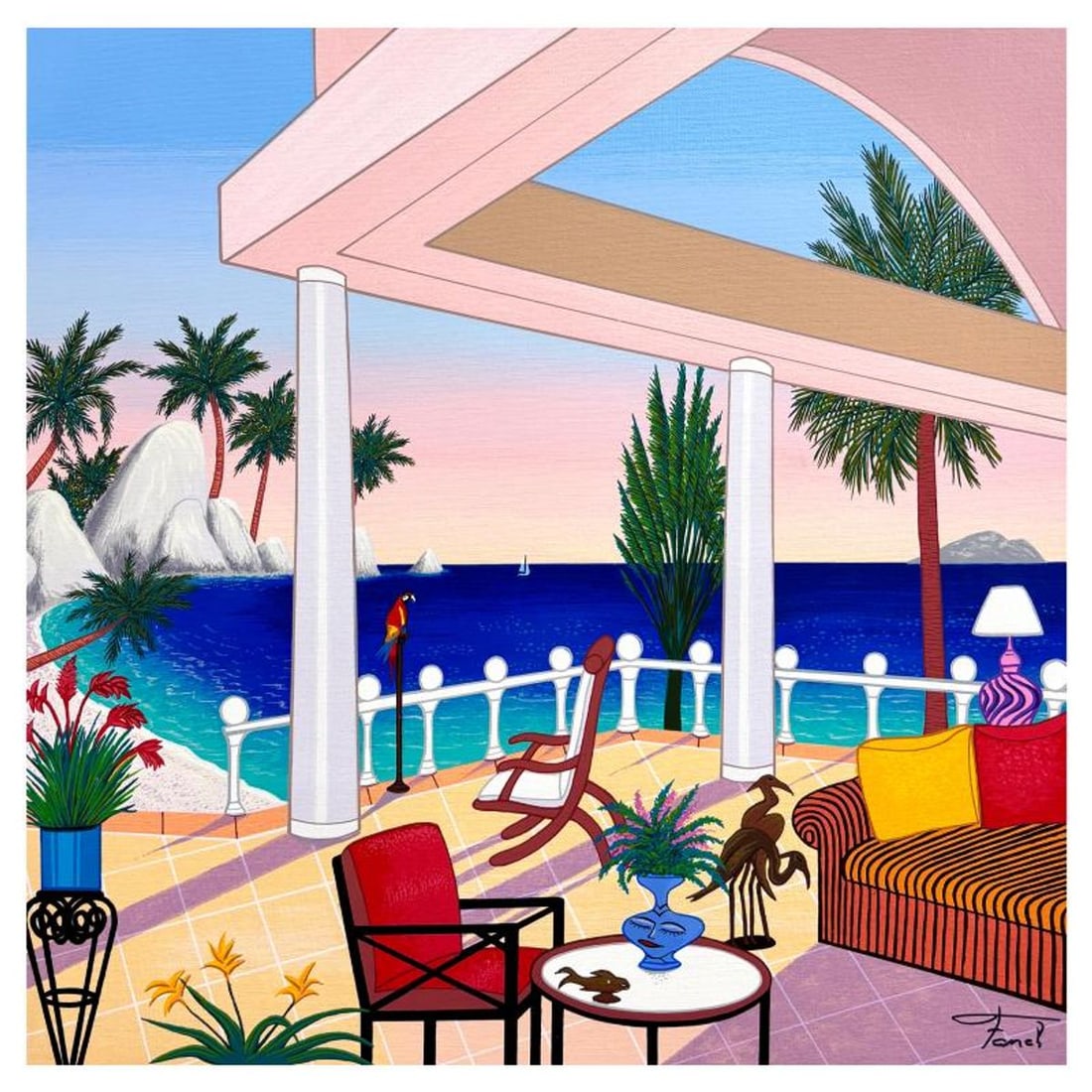 Fanch Ledan, "Ipanema Villa" Limited Edition Serigraph on Canvas, AP Numbered and Hand Signed with: Ipanema Villa is a limited edition serigraph on canvas by Fanch Ledan, AP numbered and hand signed by the artist. Includes Certificate of Authenticity. Measures approx. 17.5" x 17.5" (image).
